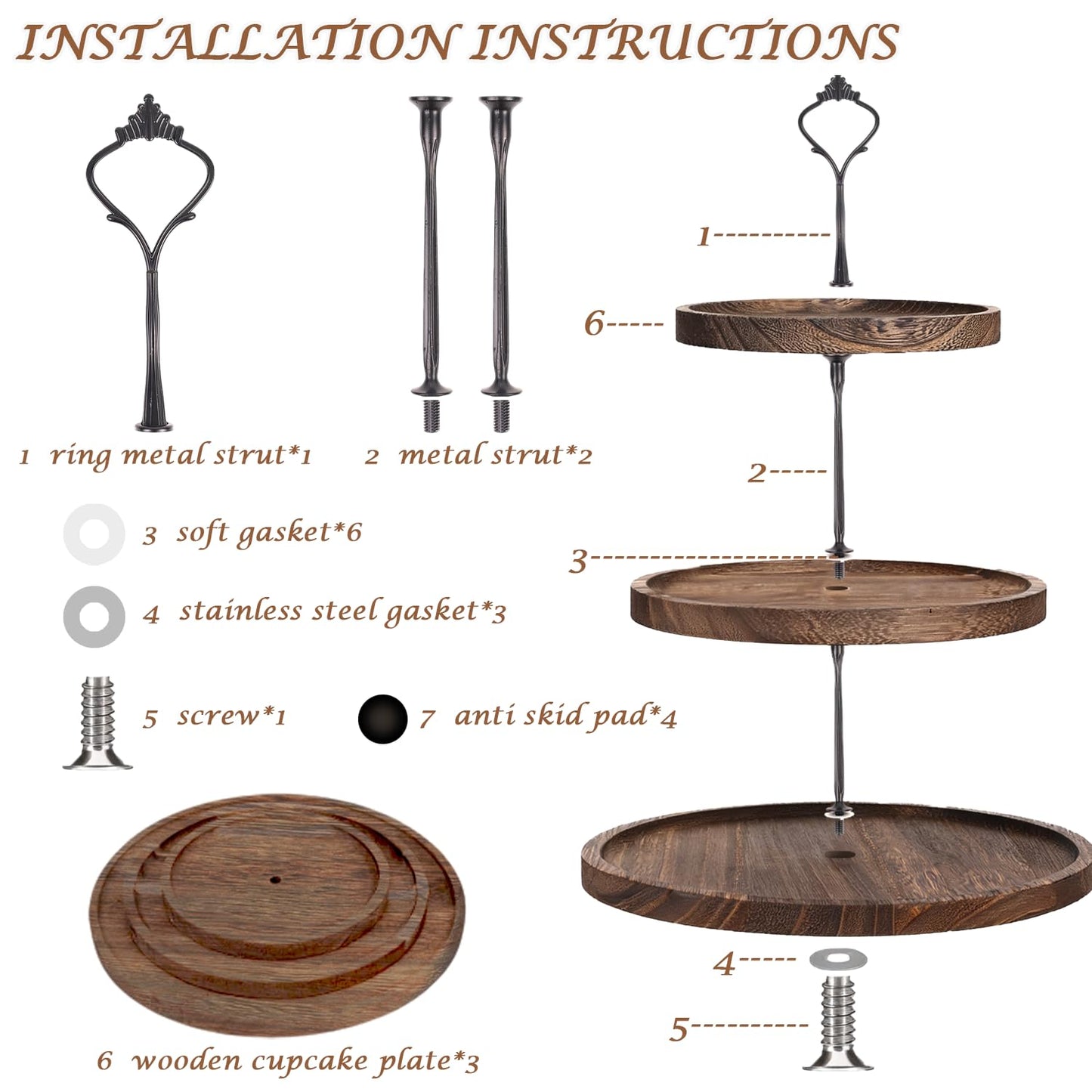 Wooden 3 Tier Cupcake Stand with Swing and Rose Vines Decor, Dessert Table Display Set Removable Serving Tray Cupcake Tower Centerpiece for Tea Party Birthday Baby Shower Wedding