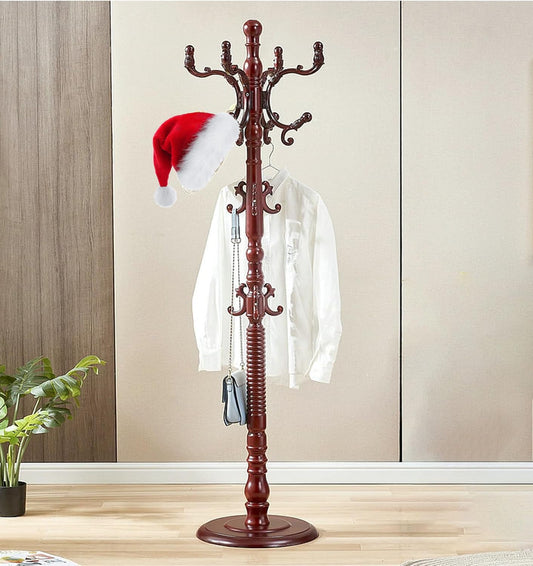 Hsohriif Wooden Coat Hanger Stand, Coat Rack Freestanding 18 Hooks, Mid Century Vintage Coat Tree for Entryway, Adjustable Height 73", Heavy Duty Coat stand for Home Bedroom, Office(Walnut)