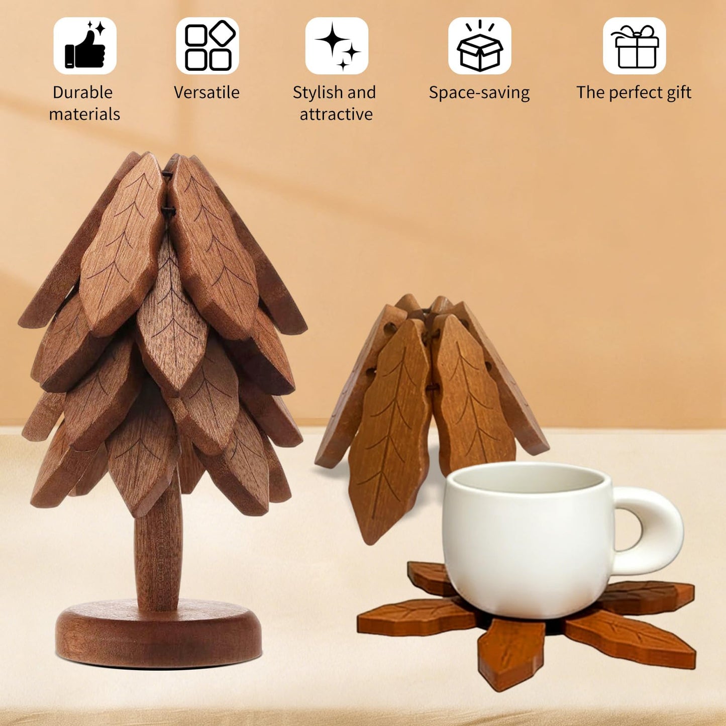 Wooden Heat Insulation Pad— 4-Piece Tree-Shaped Pot Holder Set Suitable for Pots, Plates, and Cups Features Pine Tree Decor for Storage Eco-Friendly and Easy-to-Clean Kitchen Accessories