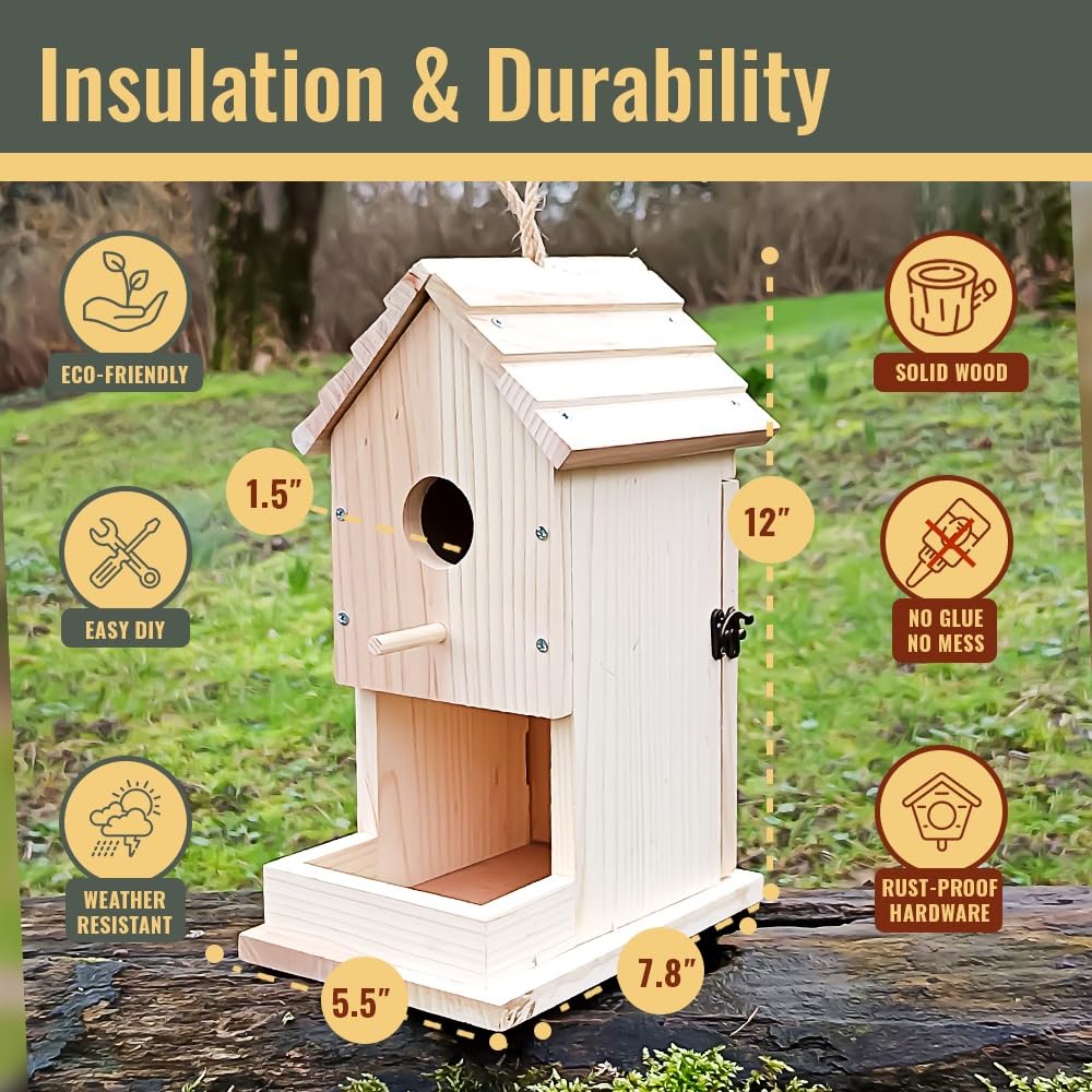 Premium Real Wood Birdhouse Kit for Outdoors, FSC Certified Solid Wood DIY Bird House| Weather Resistant with Stainless Steel Screws (No Glue Needed) | Educational Building Project for Kids & Adults