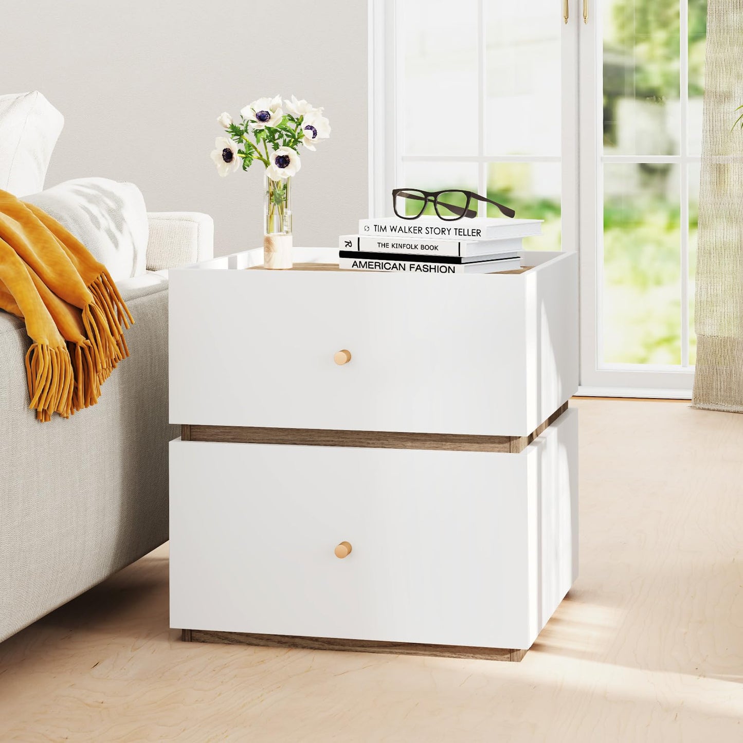 Giantex Modern Nightstand with 2 Storage Drawers, Wooden Night Stand with Raised Edge, Floor Sofa Side Table, 2-Drawer Bedside Table for Bedroom Small Spaces, 18" W x 15.5" D x 18" H, Natural & White