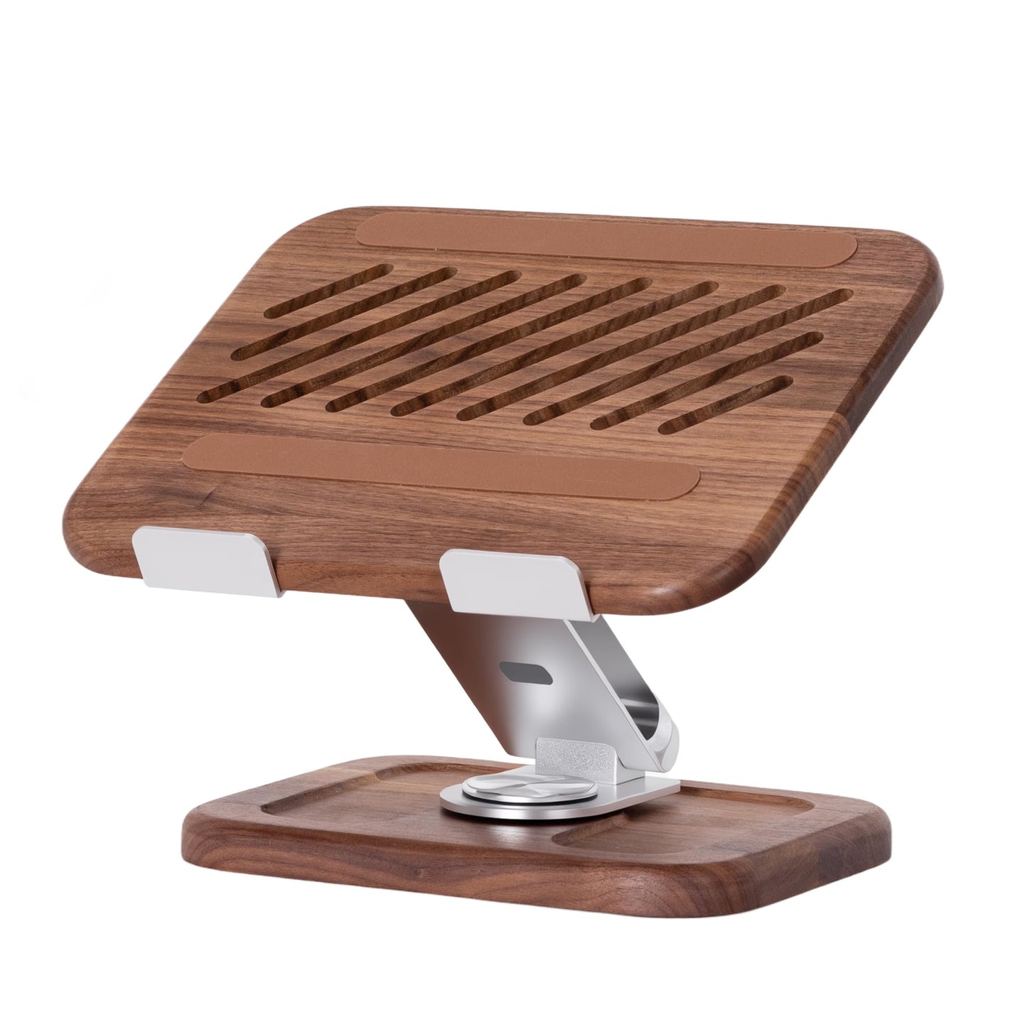 TlaroRiz Walnut-Wooden Laptop Stand for Desk, Adjustable Height & Angle with 360° Aluminum Alloy Swivel Base, Wood Laptop Stand Compatible with MacBook Pro, All Laptops 10-17", Brown