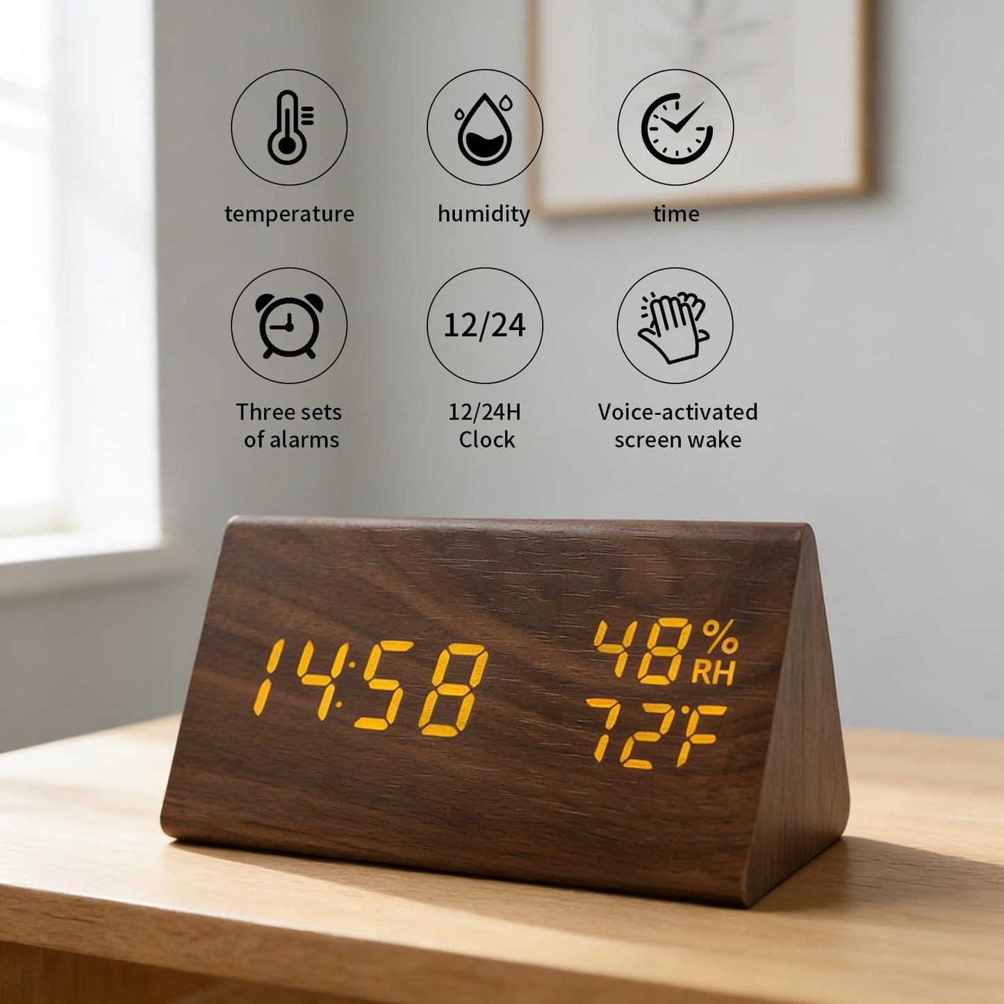 KESHIDE Wooden Digital Alarm Clocks for Bedrooms - Electric Desk Clock with Large Numbers, USB Port, Loud Alarm for Heavy Sleepers, Adjustable Volume, Dimmer, Snooze, DST, Wood Décor, Adapter Powered