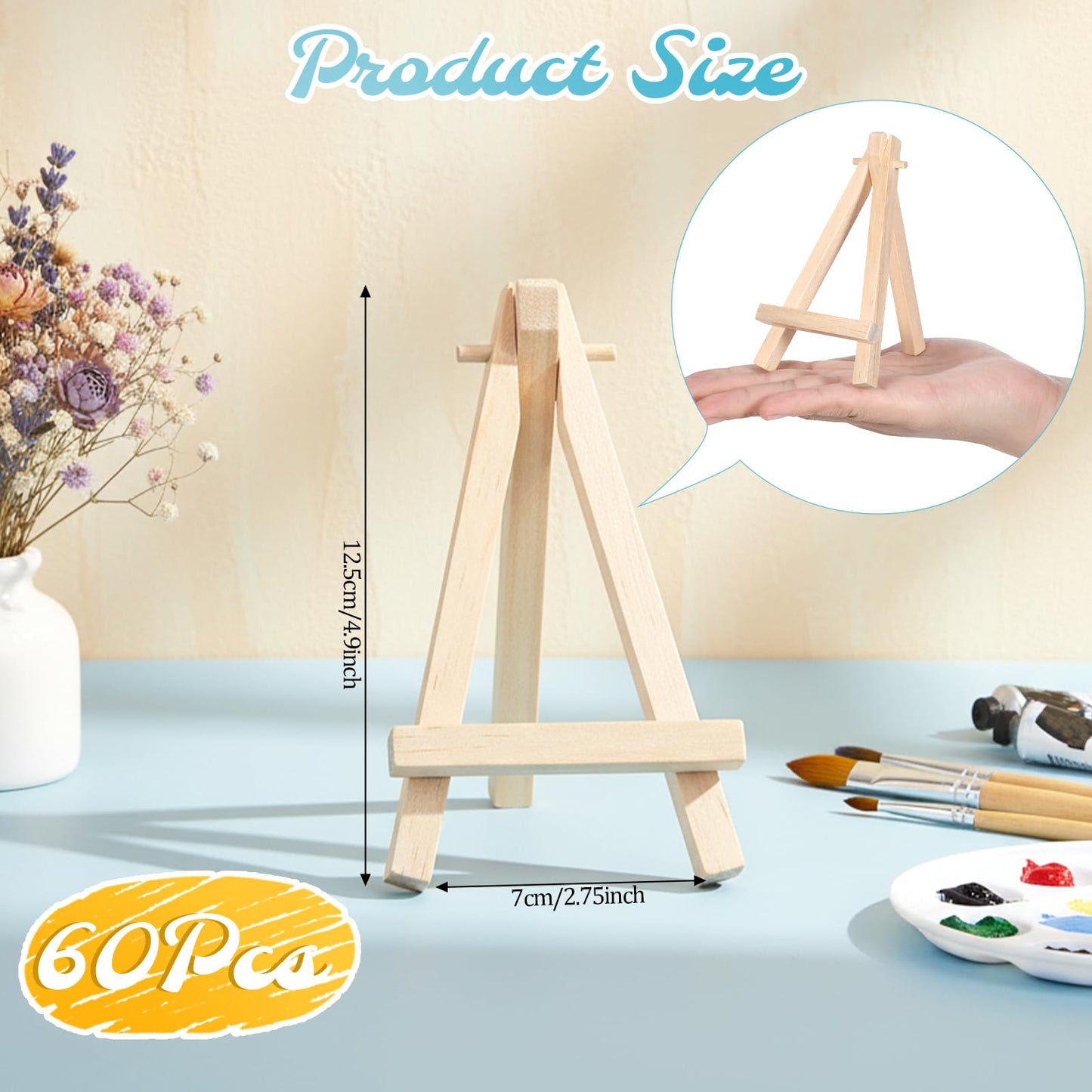 60 Pack 5 Inch Mini Wood Display Easel Artist Small Wooden Easel Stand Natural Wooden Mini Easels A-Shaped Small Wood Easels for Card Artist Photos Tabletop Phone Wedding