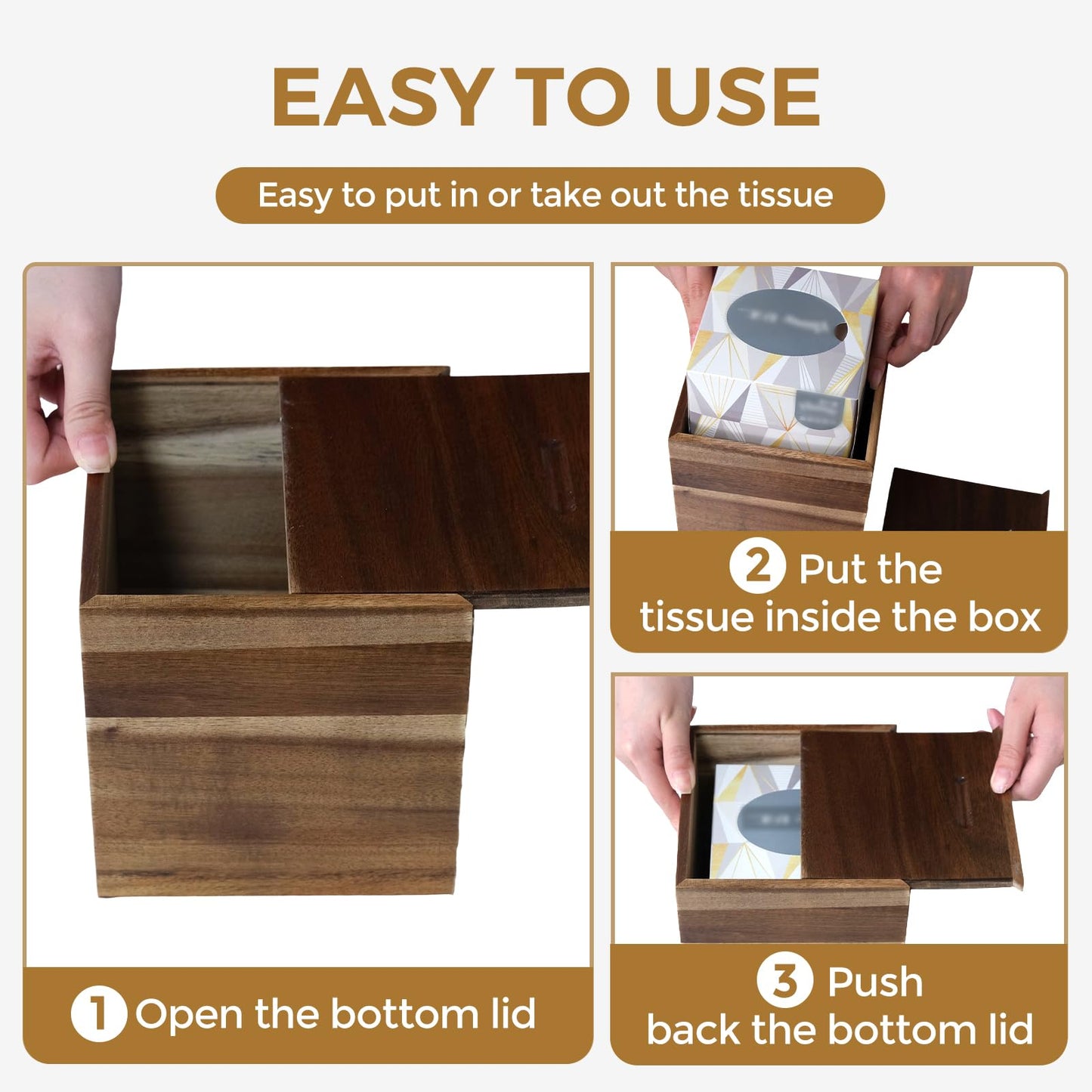 KALEKAIL Acacia Wood Tissue Box Cover，Tissue Box Cover Square, Decorative Cube Facial Wooden Tissue Box Holder with Slide-Out Bottom for Bathroom, Bedroom, Dinner Table, Office, Kitchen