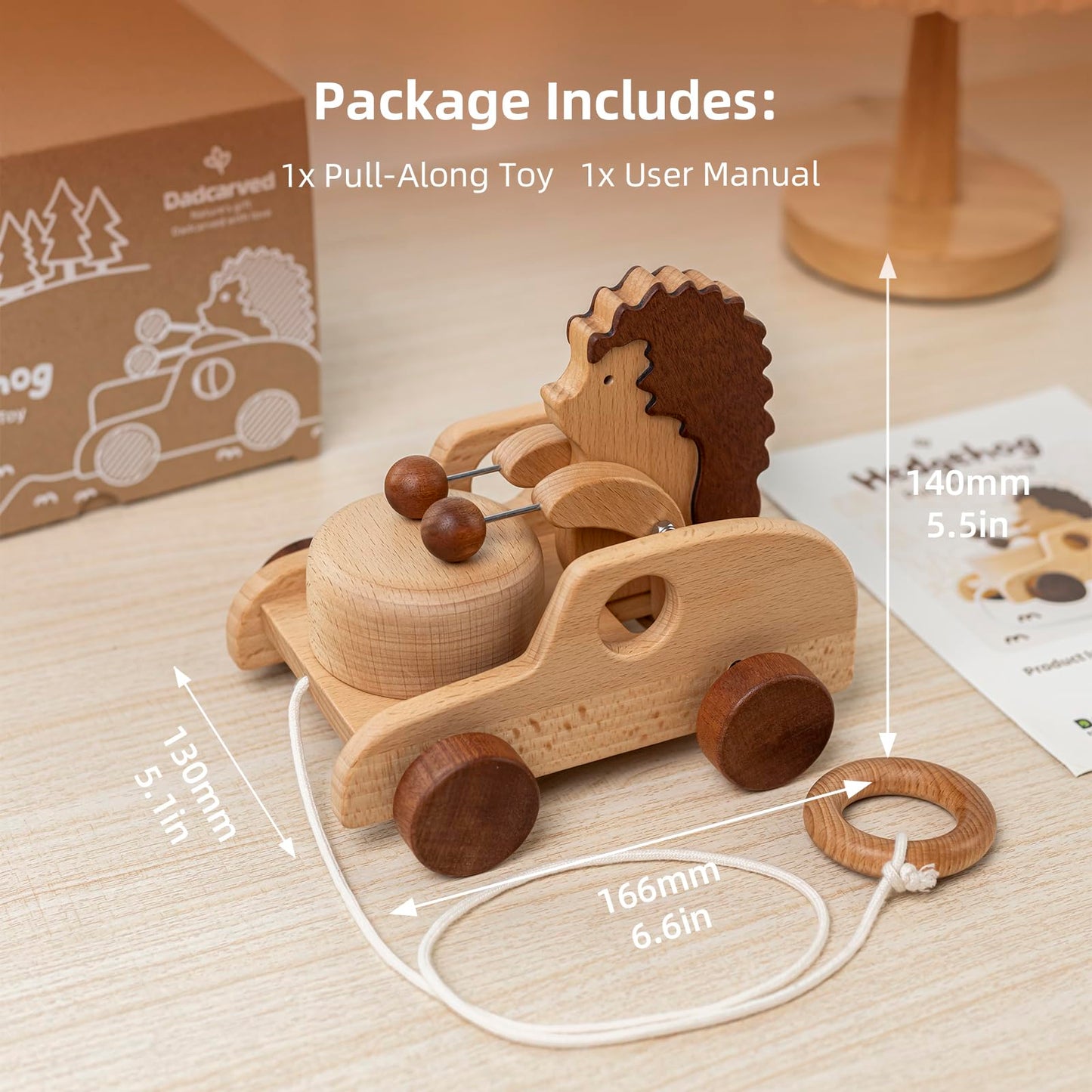 DadCarved Hedgehog Pull Toy | Montessori Wooden Pull-Along Walking Toy with Wooden Grip Ring | Natural Drumming Sound for Kid Toddlers