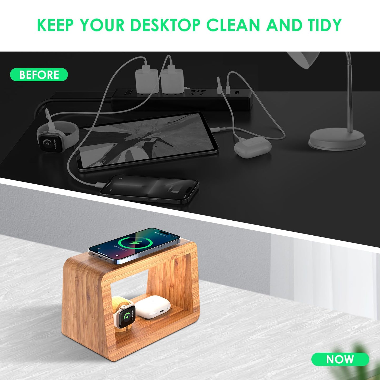 HQOBZX Bamboo Wireless Charging Station: Fast Charger Stand for iPhone 15/14/13/12/11 Pro Max/X/Xs Max/8, AirPods Pro, iWatch Series SE - 3-in-1 Dock