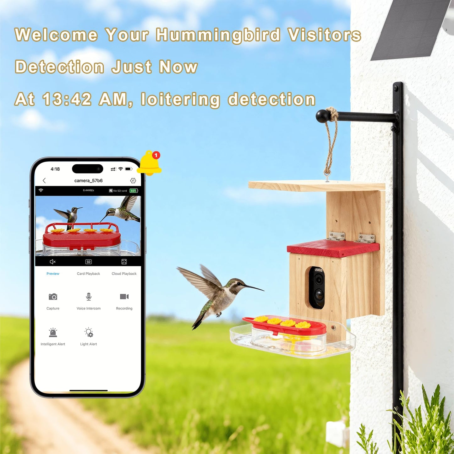 Hummingbird Feeder with Camera Solar Powered, Outdoor Hanging Wooden Smart Hummingbird Feeder, Real-Time View & Motion Detection, for Garden for 2.4g WiFi Coverage Area, for Bird Lovers