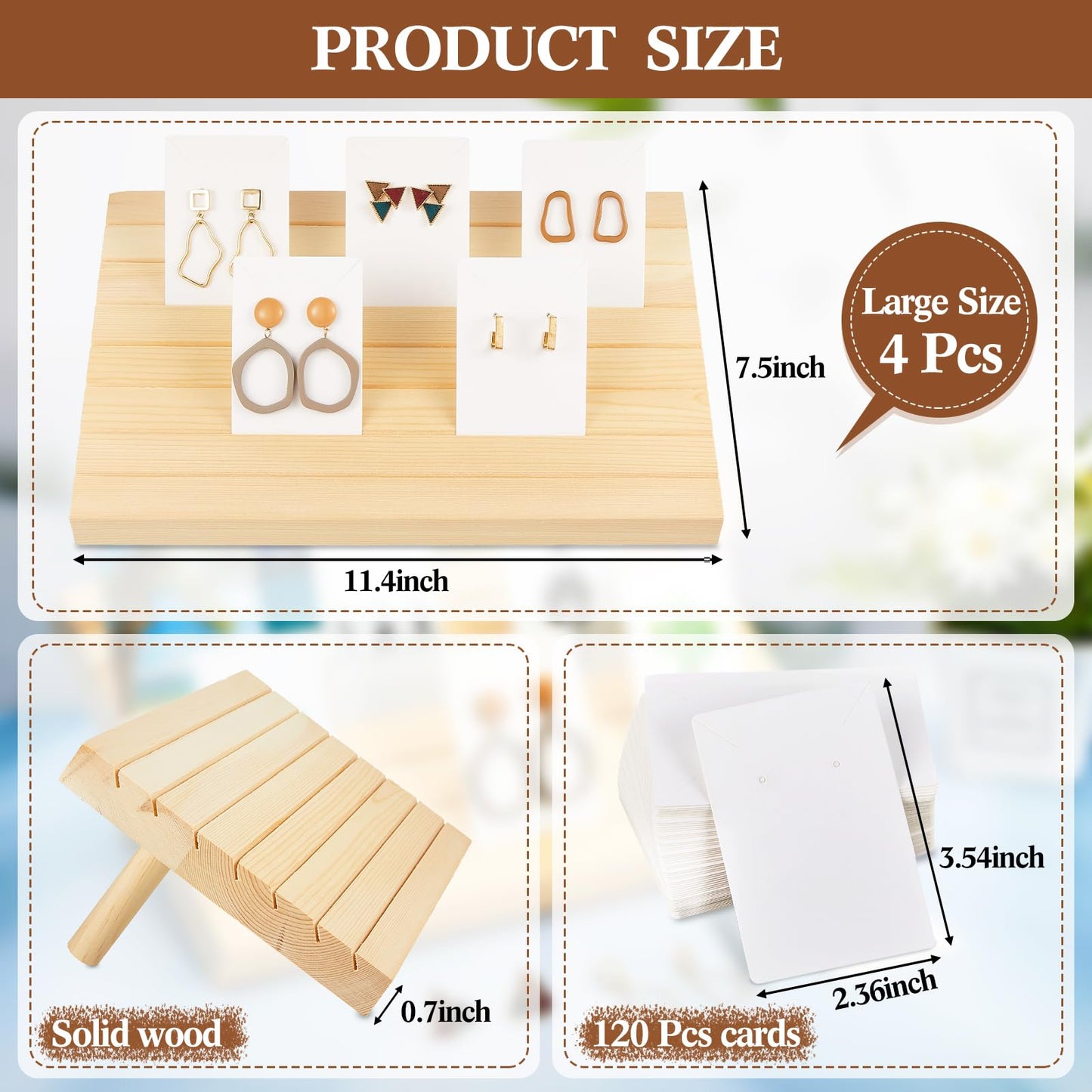 Marsui 124 Pcs Wood earring card display wooden earring display stand 4 Set Jewelry stand holder with Card for Jewelry Selling(Wood Color)