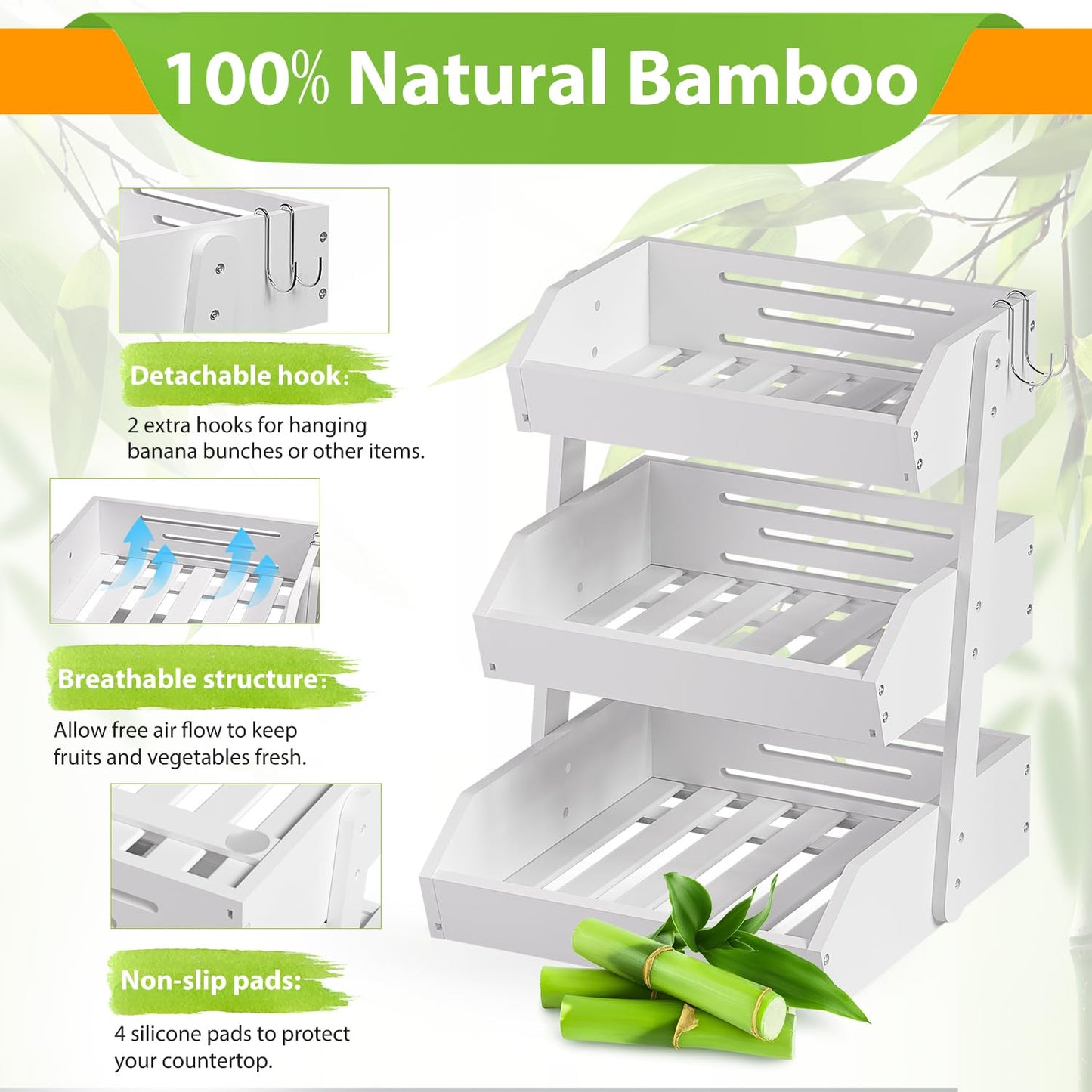 Gmtsl Bamboo Fruit Basket for Kitchen– 3 Tier Fruit Bowl For Kitchen Counter, Large Fruit Holder With Banana Hangers, Idea For Vegetable Storage, Bread Display, Snack Organizer(White)