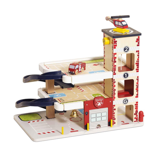 Le Toy Van Wooden 3 Storey Fire & Rescue Garage Toy Car Play Set, Vehicle Role Play Toys, Suitable for 36+ Months, TV453