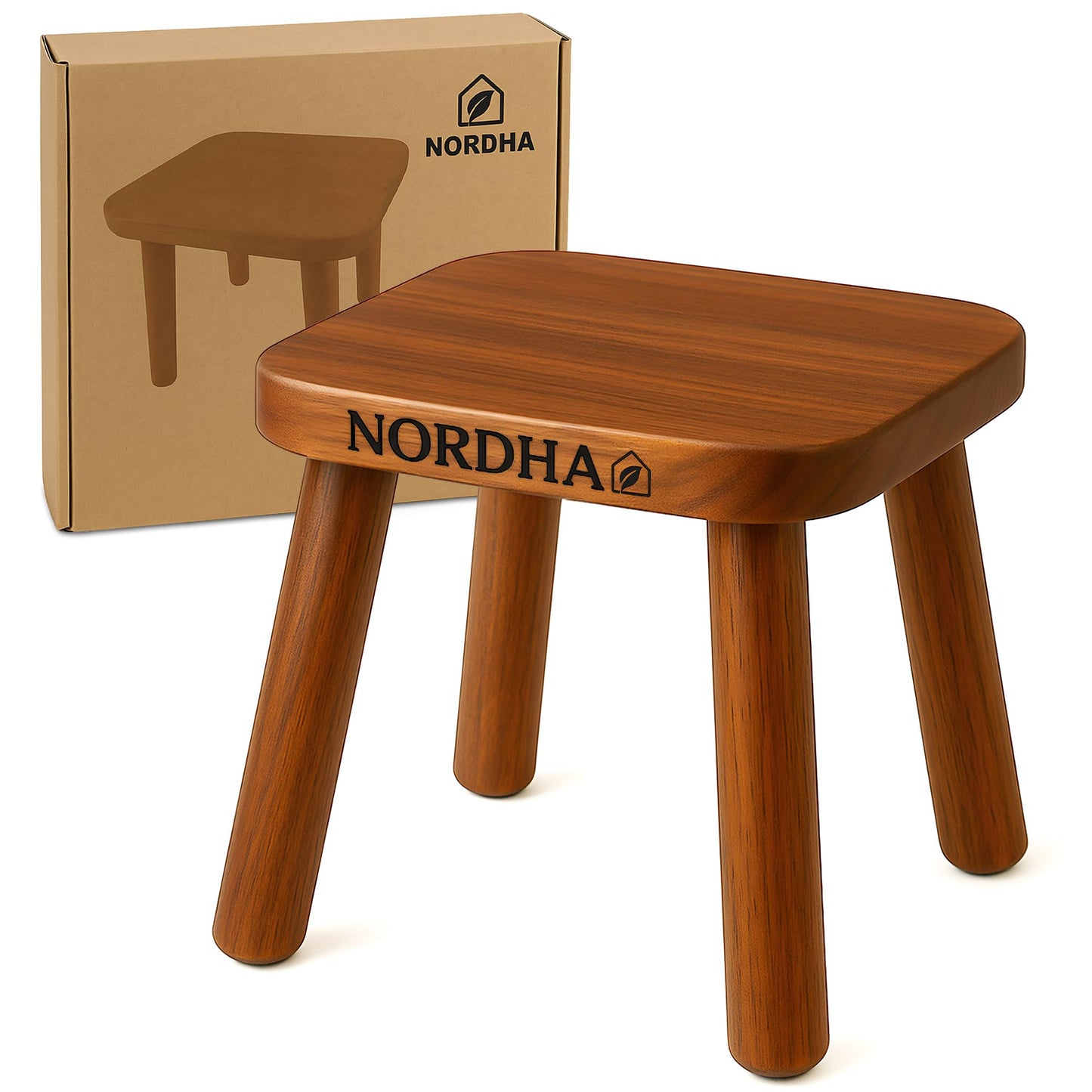 NORDHA Wooden Stool Chair, 9.3 Inch Child's Chair, Lightweight 1.4 Kg, Ideal for Bedroom or Playroom, Durable Taburete, Compact Design, Natural Finish (Walnut Color)