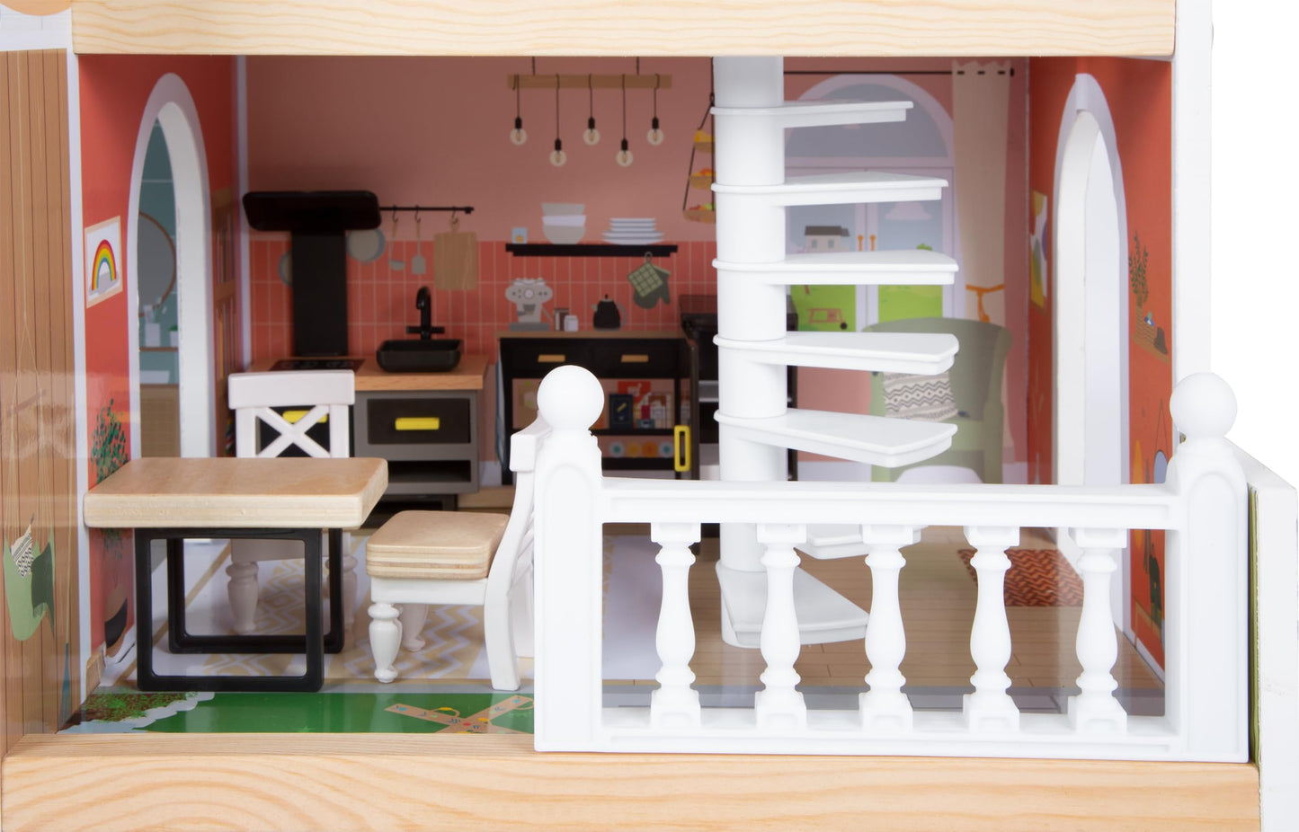 Small Foot Wooden Dollhouse with Roof Terrace & Furniture – Modern Open Front Doll House with Bedroom, Bathroom & Kitchen – Kids Role Play Toy for Ages 3+