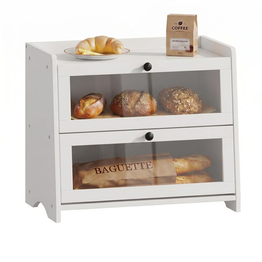 Plusinthebox White Bread Box for Kitchen Countertop, 2 Tier Large Capacity Wooden Bread Storage Container, Modern Minimalist Bread Keeper for Kitchen, Pantry and Coffee Bar Organizer