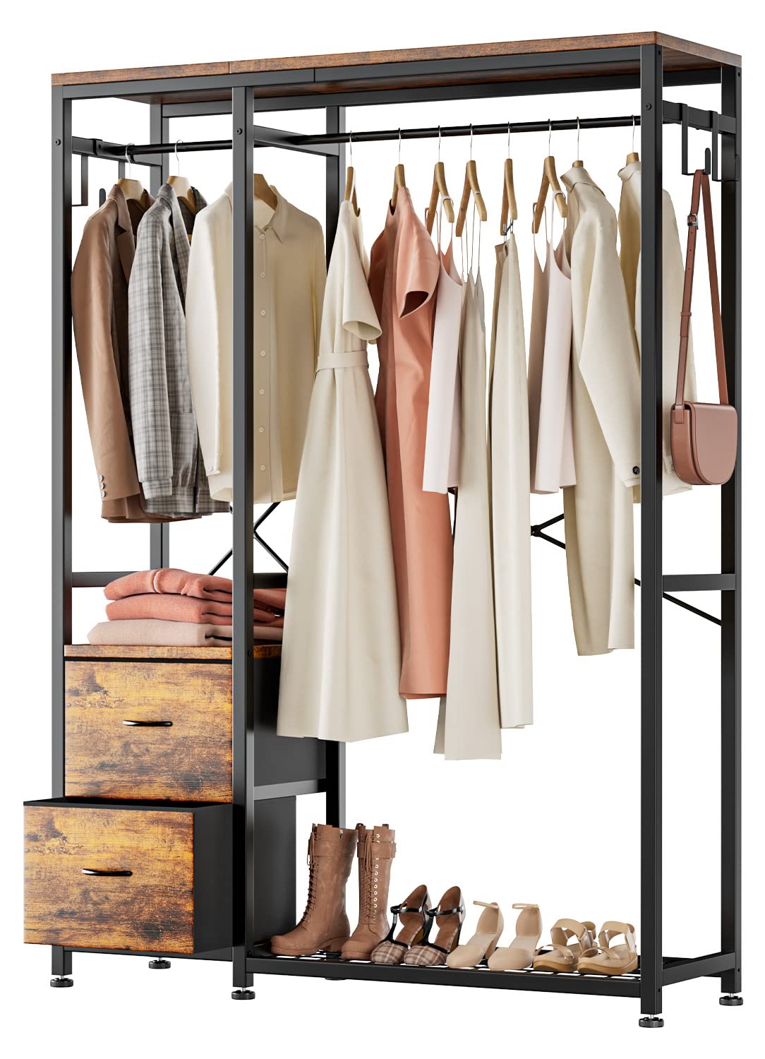 Lulive Clothes Rack with 2 Rods, Shelves, Drawers & Hooks, Garment Rack
