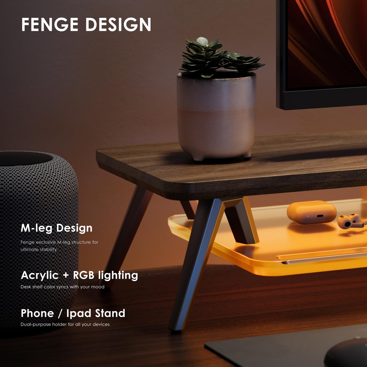 Fenge Dual Monitor Stand with 8-Mode LED Lights, 5.7" H Computer Monitor Riser with Acrylic Shelf & Aluminum Legs, Stable Desk Shelf Organizer for Computer Laptop Home Office & Gaming, Brown