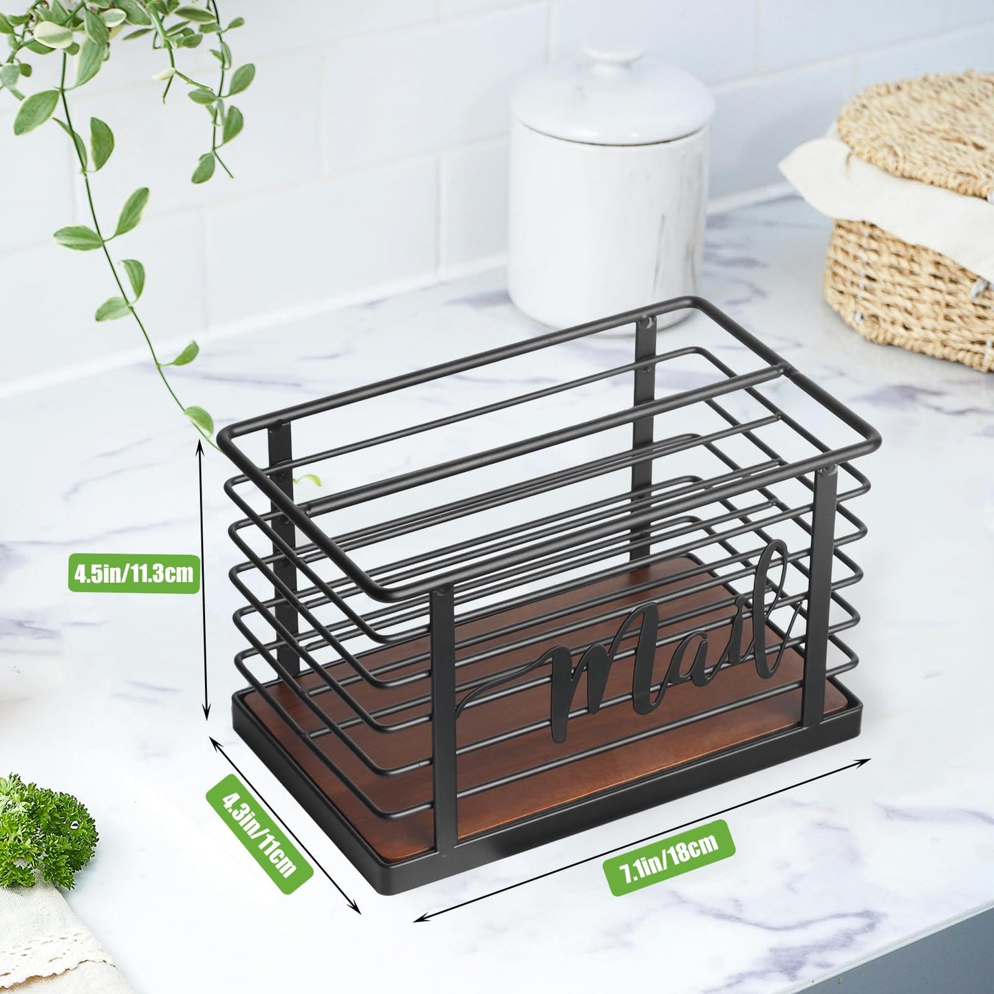 MOSUYO Mail Holder, Acacia Wood & Sturdy Metal Mesh Letter Caddy,2-Slot Desktop Organizer for Desk Home Office