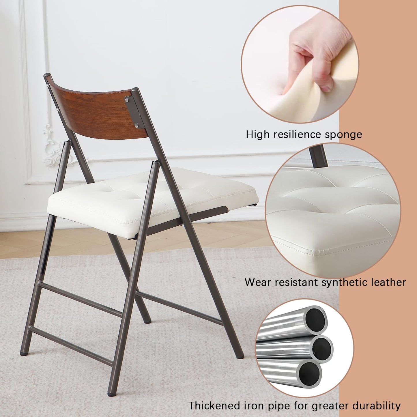 mollveesen 2 Pack Folding Chairs with Thick Padded Seat,Heavy Duty Steel Frame Foldable Dining Chairs with Soft Cushion Set of 2,Portable Indoor Outdoor for Home Kitchen,Office,Events,Wedding(White)