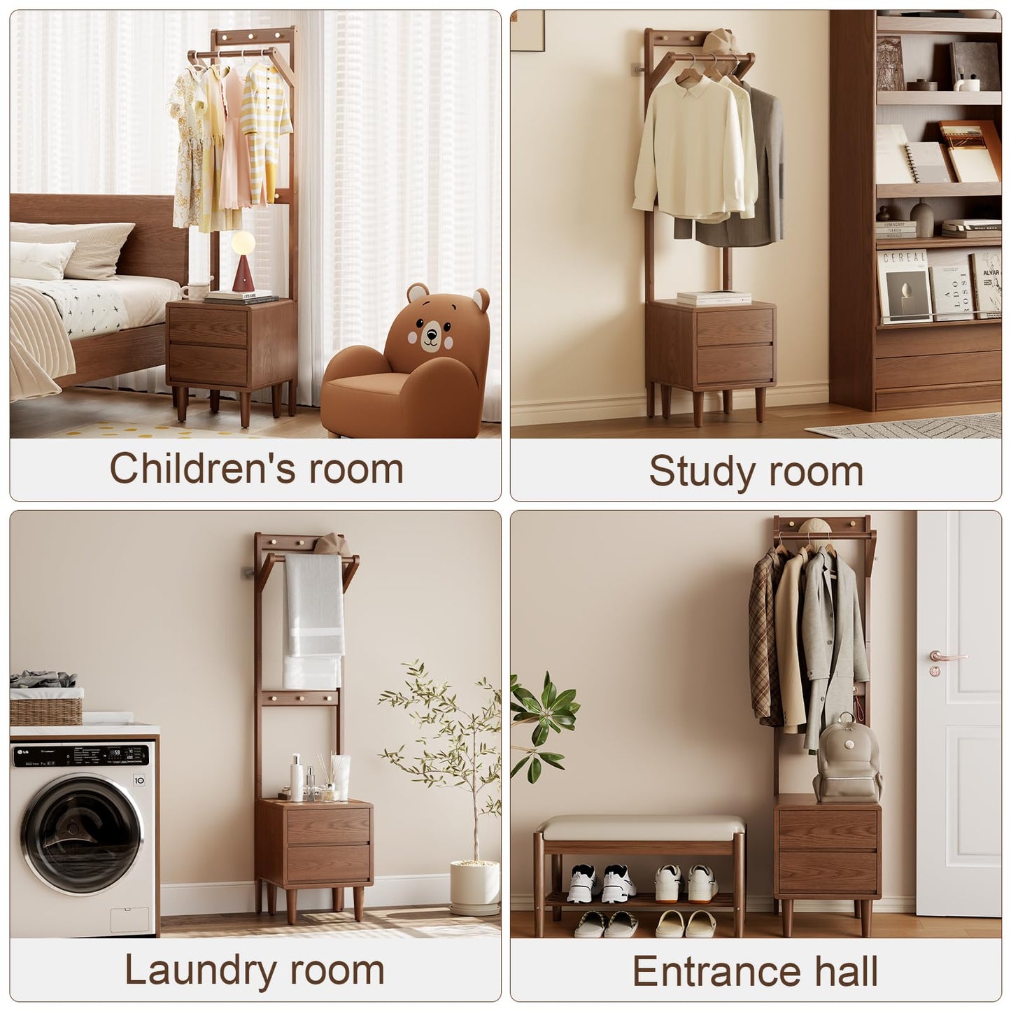 Solid Wood Coat Rack Freestanding,Standing Coat Rack with 2 drawers,Clothing Racks for Hanging Clothes,Narrow Hall Tree with Storage,Walnut Nightstand with 6 Coat Hooks for Bedroom Entryway Corner