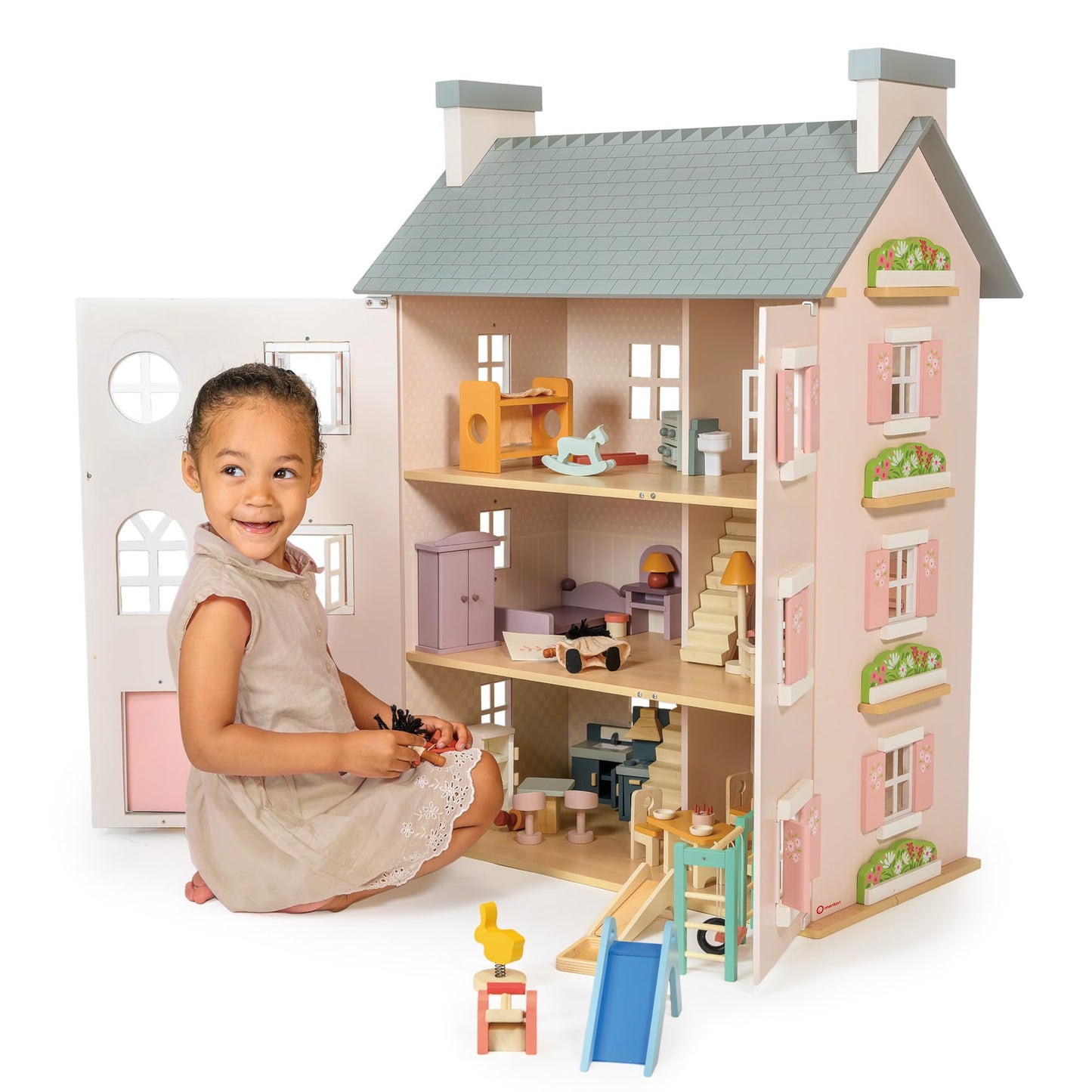 Mentari Toys - Heather Hall - Large 4-Storey Wooden Dollhouse - DIY Doll House with Easy Assembly, Holiday Birthday Gift for Kids Girls Age 3+, Inspires Imaginative Role Play
