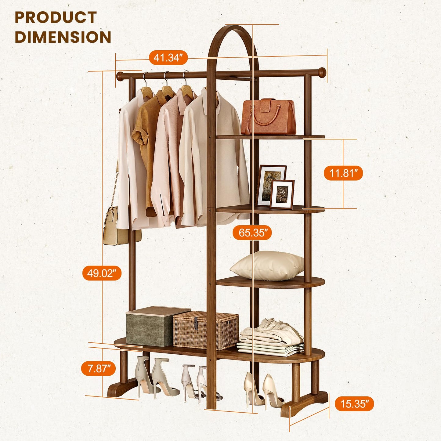HOTAMO 41.3" Wide 3-in-1 Freestanding Clothing Rack, Wooden Coat Rack with 4 Shelves and 5 Hooks, Solid Rubber Wood Coat Rack with Shelves for Entryway, Bedroom, Living Room, Walnut