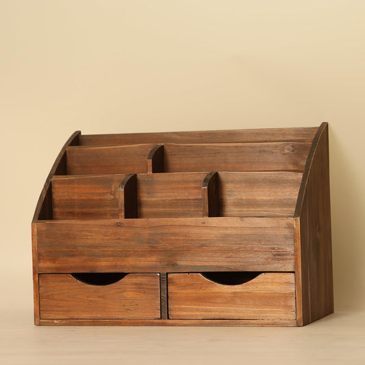 Juleduo Vintage Rustic Wooden 2 Drawer with Shelf Office Desk Organizer & Mail Rack For Desktop,Box for Office Home Toiletries Supplies Vanity, No Assembly Required (J03) (Brown)