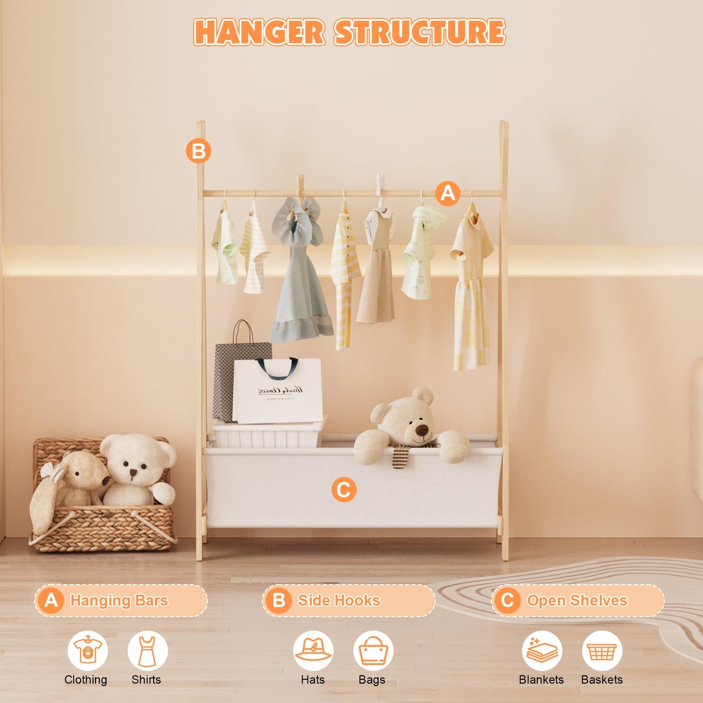 NACHES Small Kid Clothing Rack Wooden Montessori Garment Rack for Toddler Baby Wardrobe Closet Compact Dress Up Storage Organizer Hanging Rod for Costume Princess Skirt Coat Bedroom Nursery Playroom