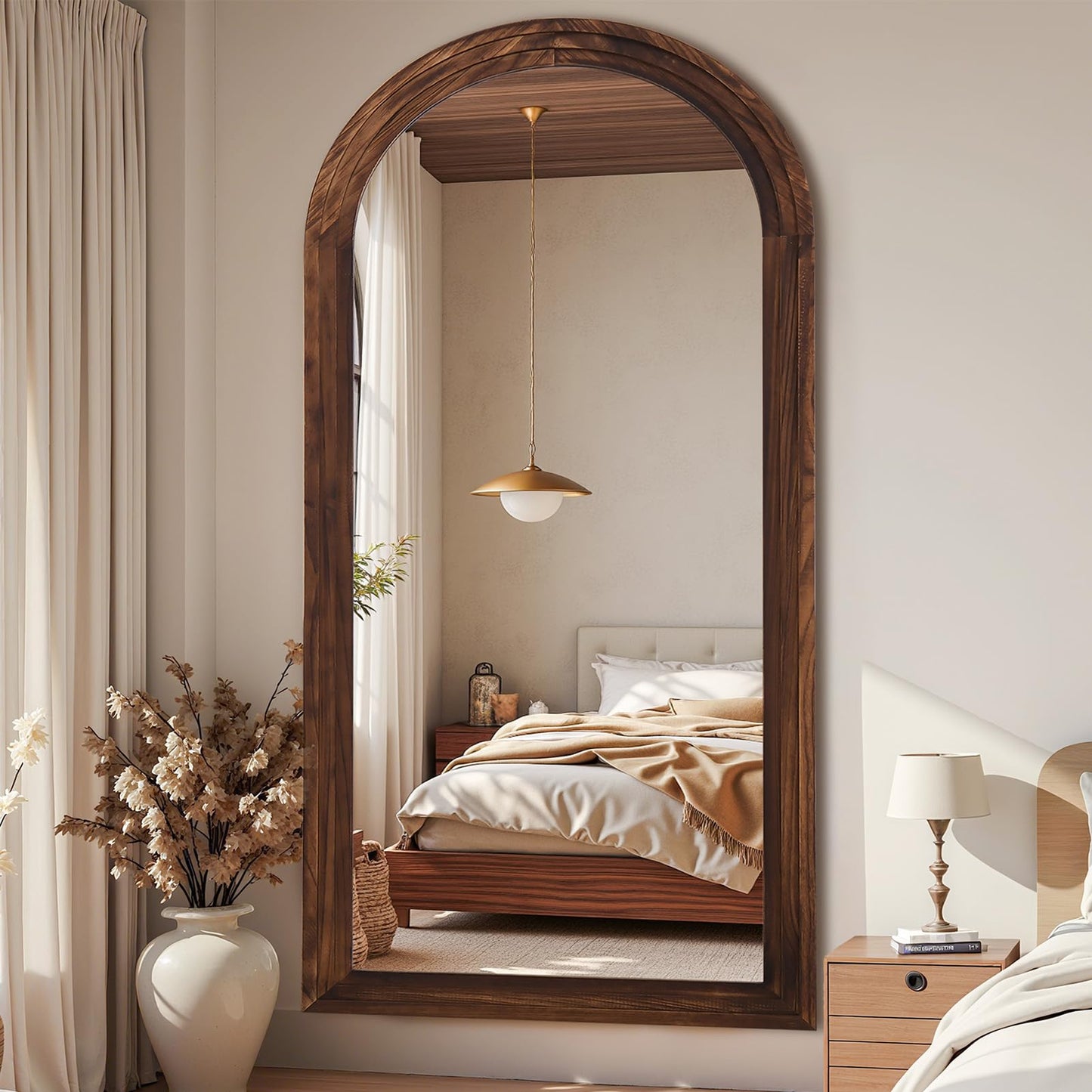 Antok Full Length Mirror with Solid Wood Frame, 76"×34" Wall Mounted Oversized Floor Mirror with Stand, Leaning Standing Hanging for Bedroom Living Room Entryway, Walnut, Arched Syle