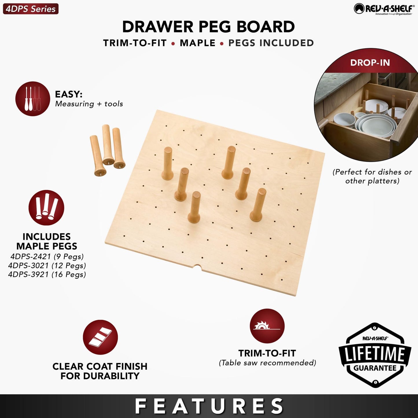 Rev-A-Shelf Trimmable Pegboard Drawer Divider Organizer, Trim to Custom Fit Wooden Kitchen Cabinet Storage Utensil, Pots & Dish Rack, 30" x 21", 4DPS-3021