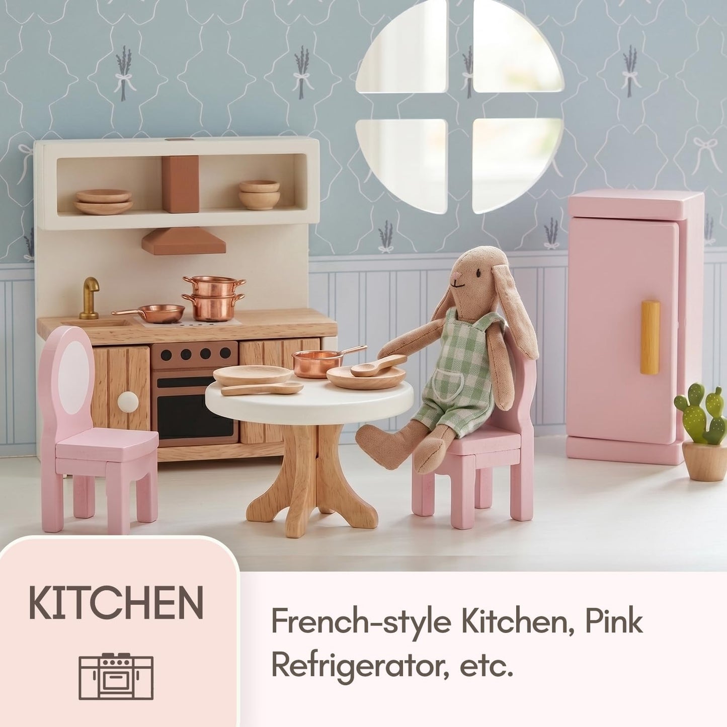 Giant bean 33PCS Wooden Dollhouse Furniture Set for Kids, Modern Pink Doll House Furniture Accessories with Bedroom, Nursery, Kitchen, Bathroom,Living Room, Montessori Pretend Play Toys for Girls 3+