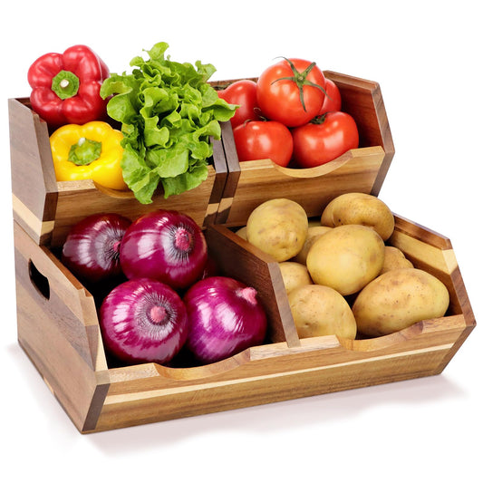 Happilif Acacia Wood Pantry Storage Bins, Stackable Potato and Onion Storage Bins for Kitchen Countertop, Set of 3 Wooden Pantry Organizer Baskets for Fruit, Vegetable, Snack