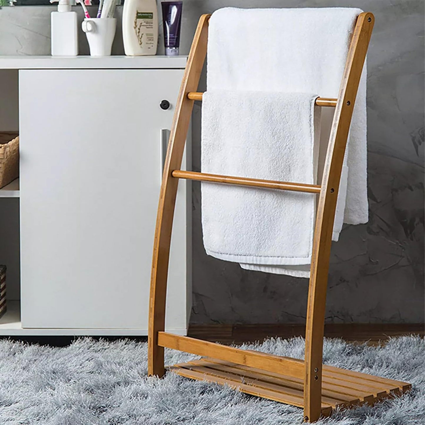 WOHAIPA Bamboo 3-Layer Floor to Ceiling Towel Rack, 33.27" Independent Bathroom Towel Holder w/Bottom Rack, Strong Load-Bearing Capacity, Sturdy and Durable, for Bathrooms, Hotels, Laundry Rooms