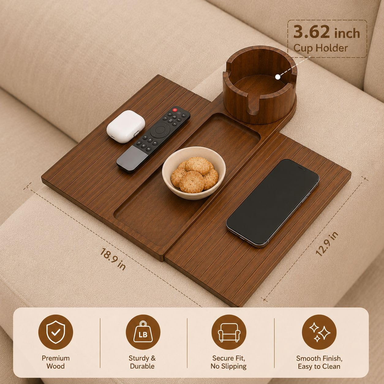 NSS ESSENTIALS Acacia Wood Couch Arm Tray Table with Cup Holder - Flexible Sofa Armrest Tray for Drinks, Snacks & Remote - Natural Wooden Sofa Side Table for Couch, Recliner & Armchair, Natural Wood