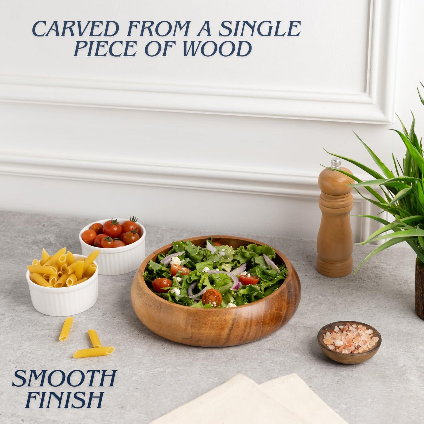 LAVAUX DESIGNS Acacia wood salad bowls set of 2 | Individual wooden bowls 8 x 2 inches (25 oz) | Use for salad, pasta, rice, acai, smoothie, soup, fruits, snacks
