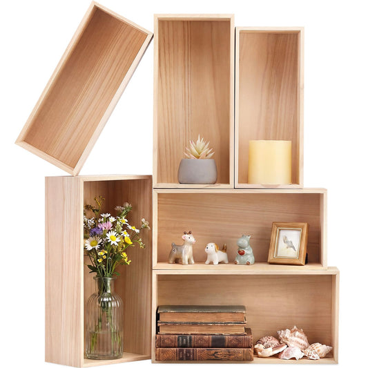 Sliner 6 Pack Unfinished Wood Crates Wooden Storage Boxes Unfinished Wooden Craft Storages Organiser Boxes Rectangle Storage Bin Wood Crates Decorative for Display Pantry, Closet, Arts & Craft, 3 Size