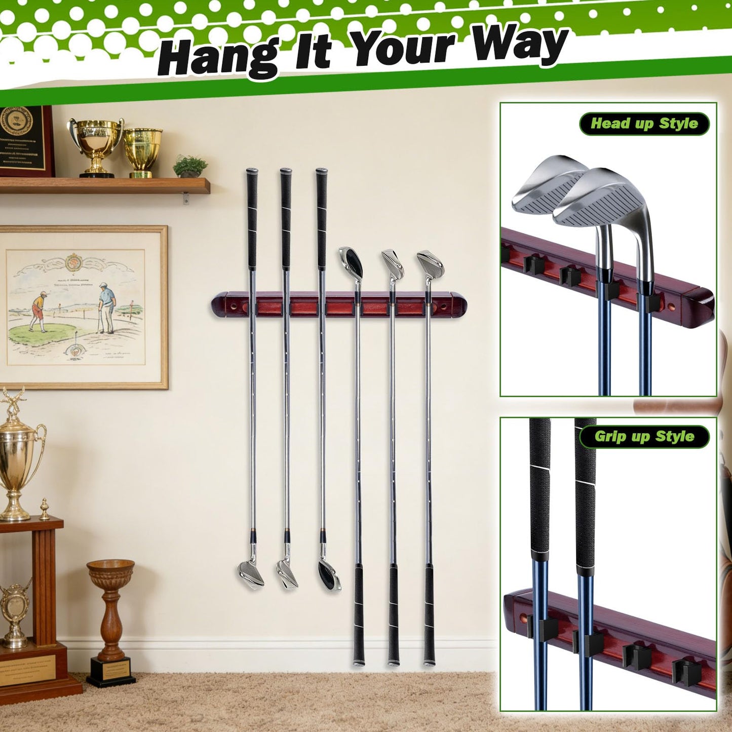 Wall Mounted Golf Club Display Rack, 2 Pack Wooden Golf Putter & Wedge Holder with 6 Secure Clips, Golf Ball Display Shelf, Premium Wall Storage & Organizer for Home, Office, Man Cave, Pro Shop