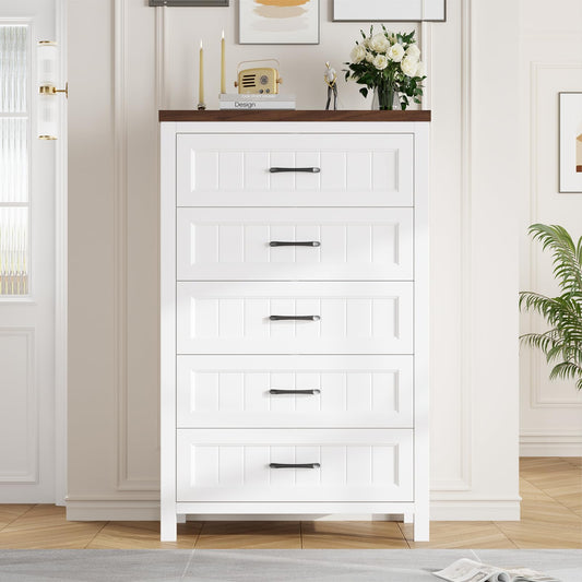 Jocoevol 5 Drawer Dresser for Bedroom - Farmhouse 44.9" Tall Chest of Dresser with Large Storage, Rubst Wood Construction for Living Room, Hallway & Entryway - White (White & Brown)