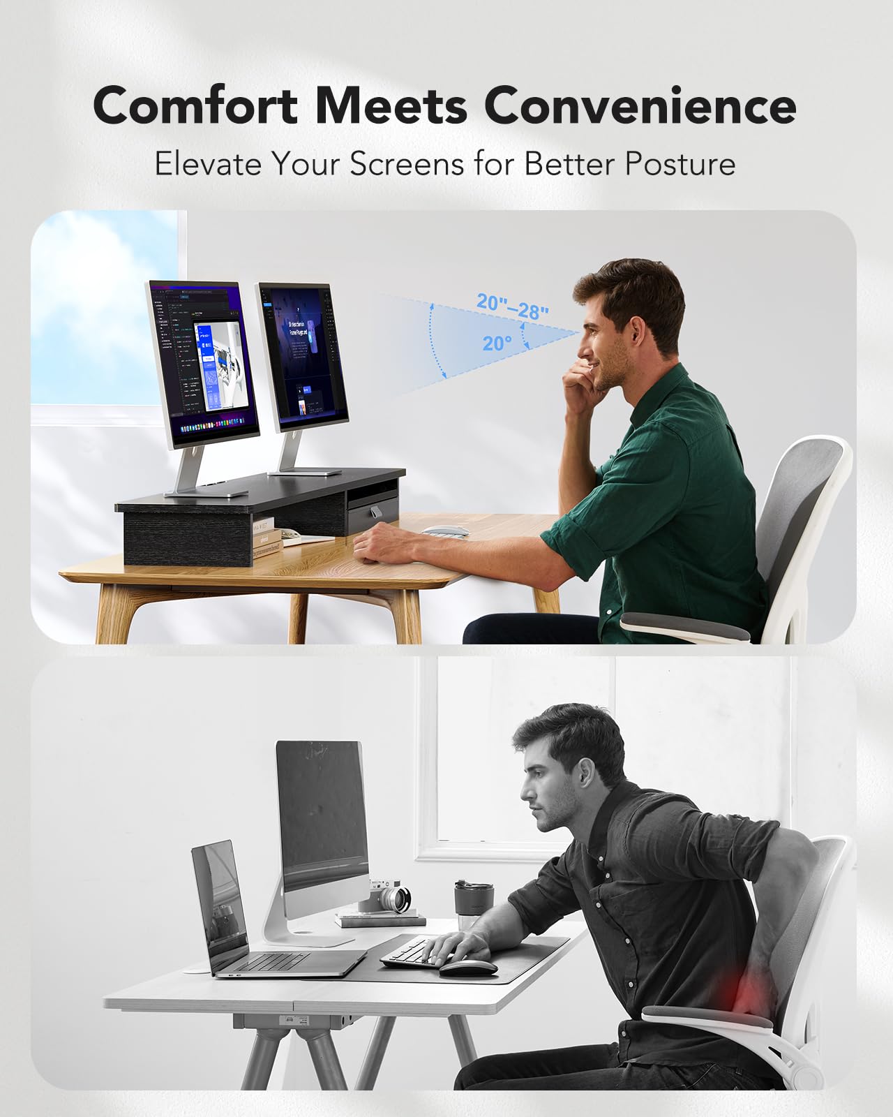 HUANUO Large Dual Monitor Stand with Drawer, Wood Monitor Stand Riser for 2 Monitors with Storage & Cable Management, Desktop Organizer up to 55" fit Monitor, Computer, TV, Printer