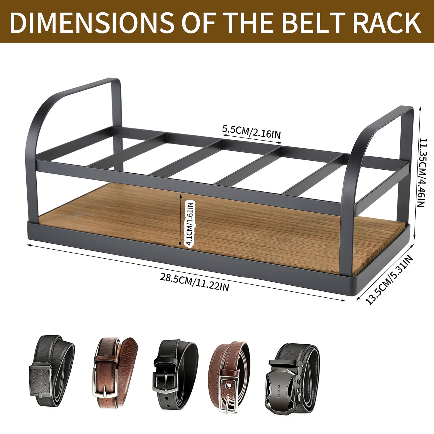 DAOYA 5-Slot Belt Organizer for Closet, Bamboo Wooden Belt Storage Rack for Dresser Drawer, Display Belts Ties Neatly, Sturdy Gift for Men