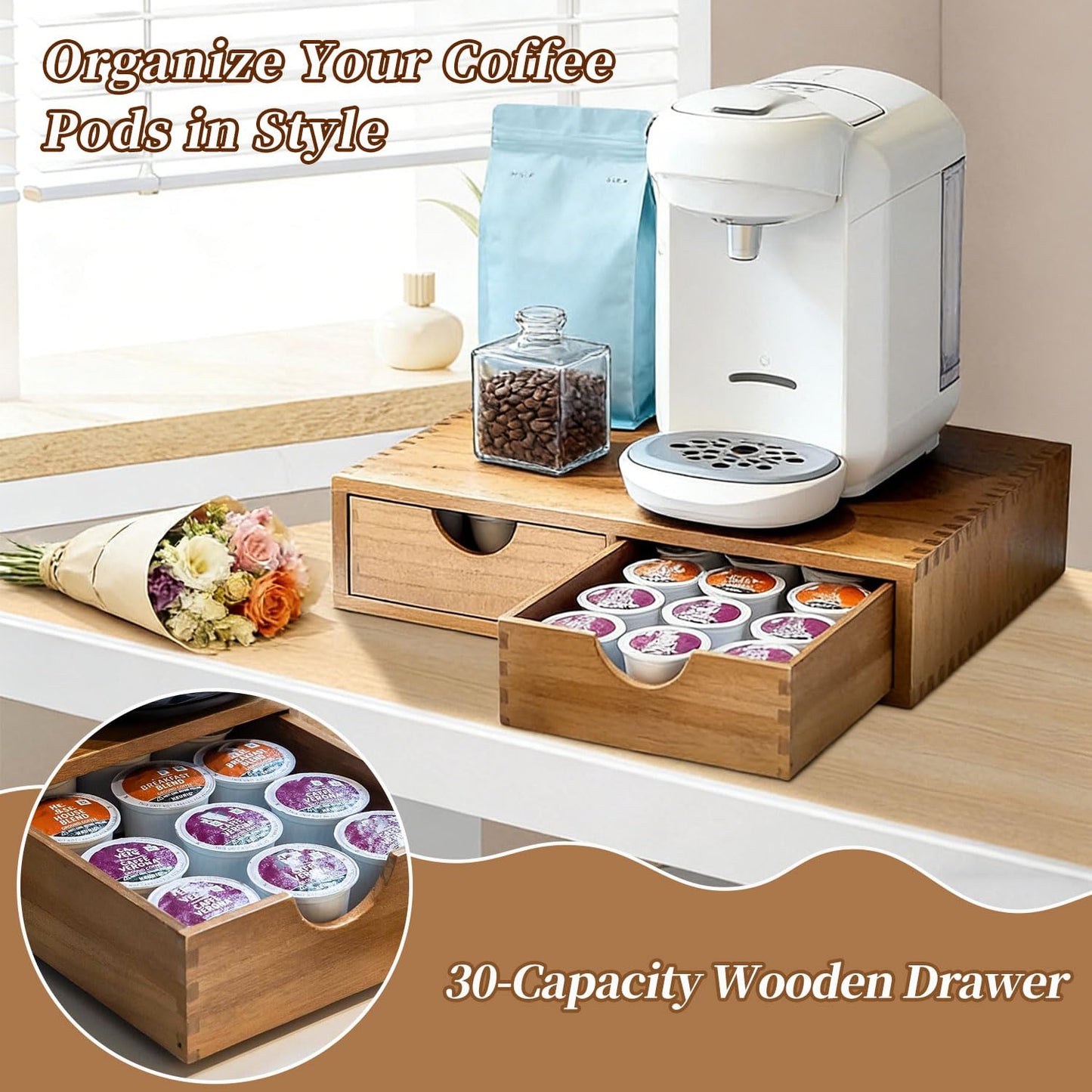YAOYAO LAND Wooden K Cup Organizer, Coffee Pod Storage Box and Tea Organizer Holder, K Pod Drawer Under Brewer Coffee Maker Machine Stand, Organizador De Cafe, 30 Pod Capacity (Natural Wood)