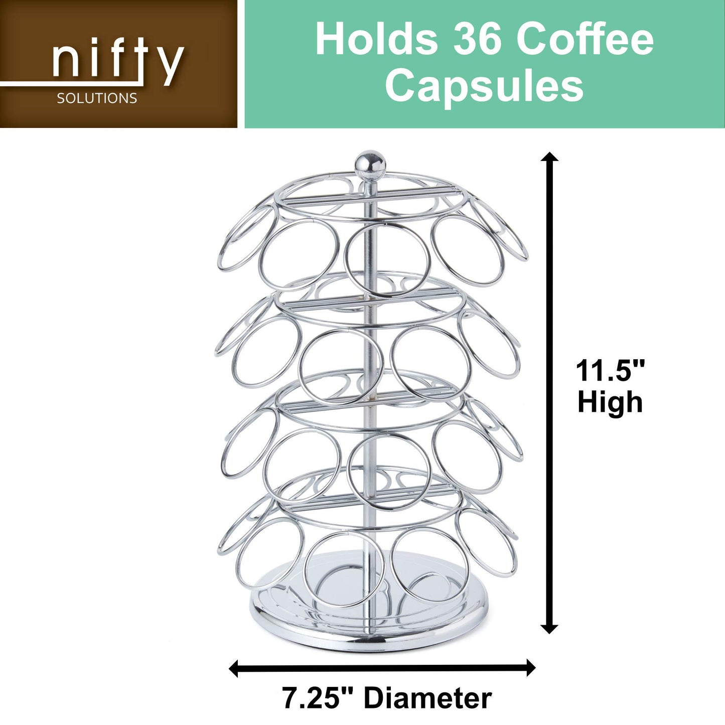 Nifty K Cup Holder – Compatible with K-Cups, Coffee Pod Carousel | 36 K Cup Holder, Spins 360-Degrees, Lazy Susan Platform, Modern Chrome Design, Home or Office Kitchen Counter Organizer