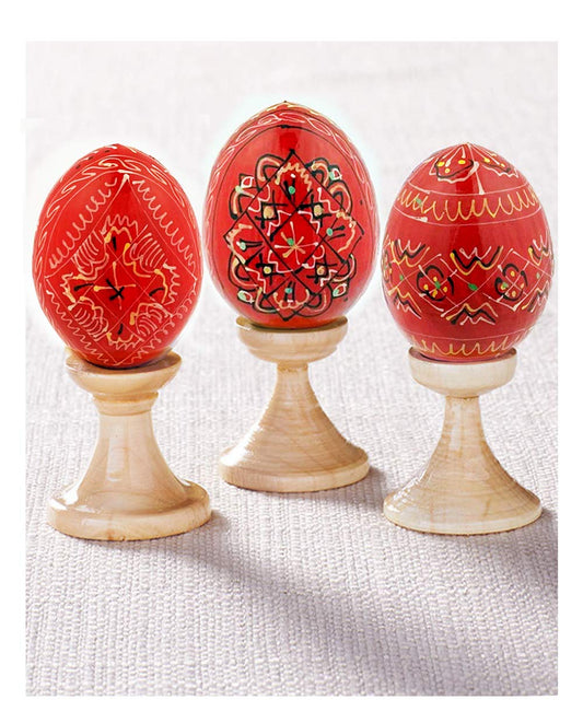 Religious Gifts Set of 3 Red Ukrainian Wooden Easter Eggs Pysanky on Stands 3 1/2 Inch