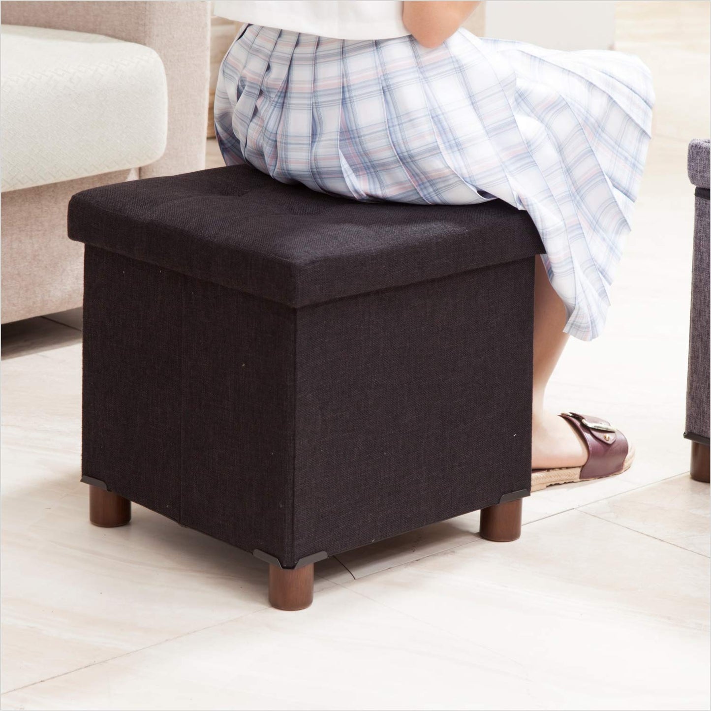 15 Inch Storage Ottoman with Wooden Legs - Cube Foot Rest Stool, Square Footstool, Comfortable Seat with Lid, Foldable Fabric Ottoman, Space-Saving Black