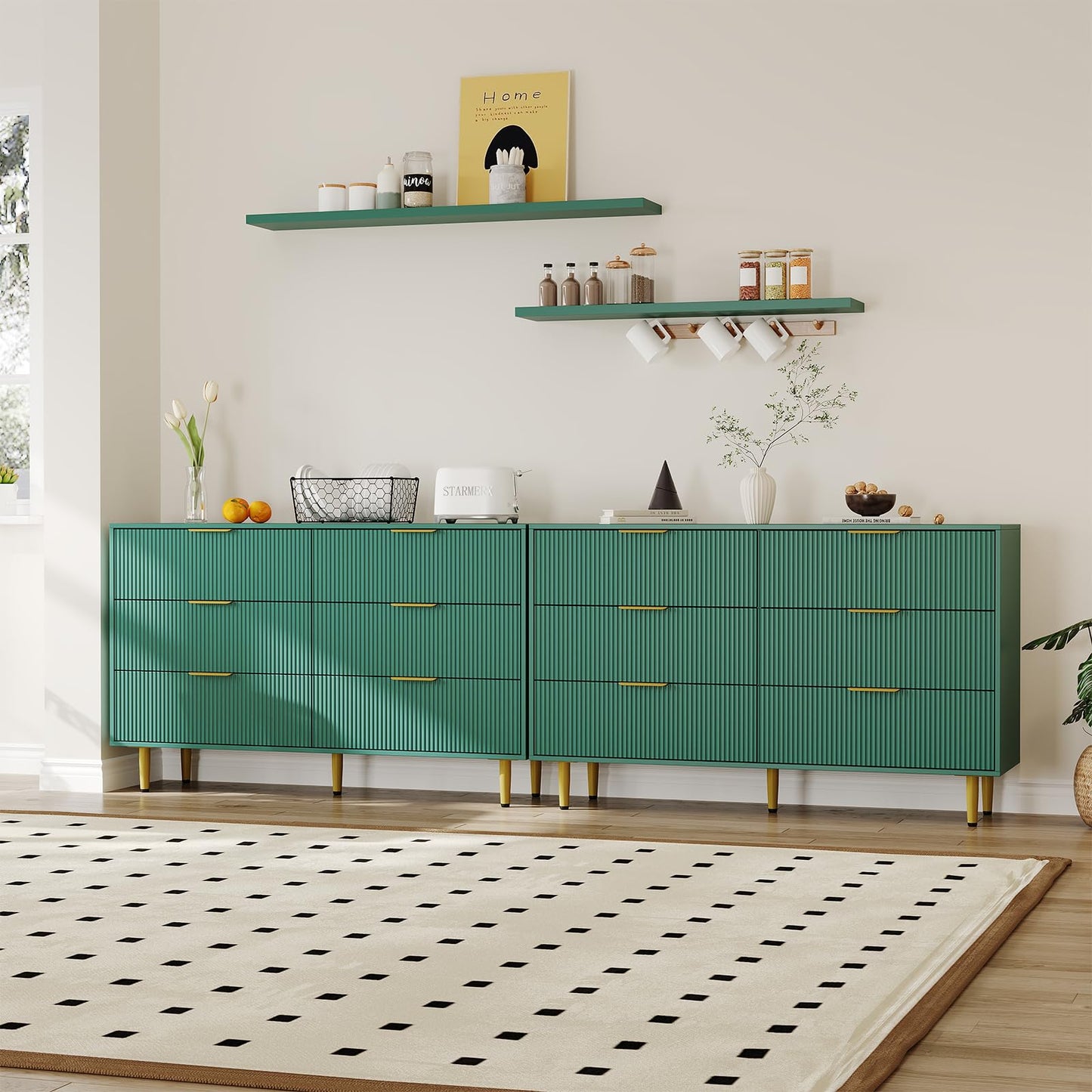 Garvee 56" Wide Fluted Dresser for Bedroom with 6 Drawers, Wooden Chest of Drawers with Gold Metal Handle & Feet, Fluted Dresser for Living Room, Hallway, Bedroom, Green