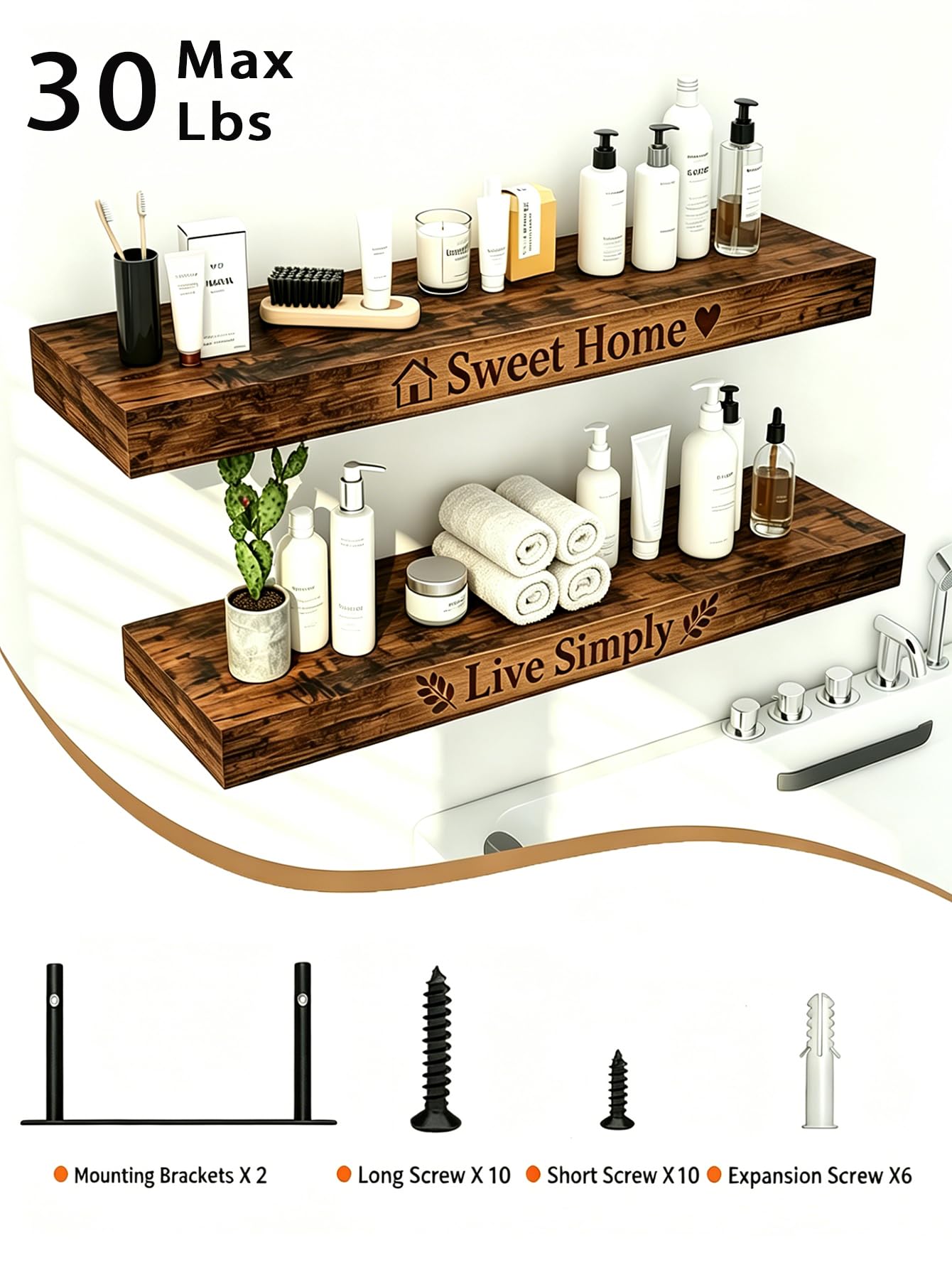 MYSHELL Floating Shelves for Wall, 2 Wooden Rustic Shelfs with Screw Mounted, Decorative Wall Mounted Shelves with Invisible Brackets for Bathroom, Bedroom, Kitchen, Office, Living Room (Engraving)