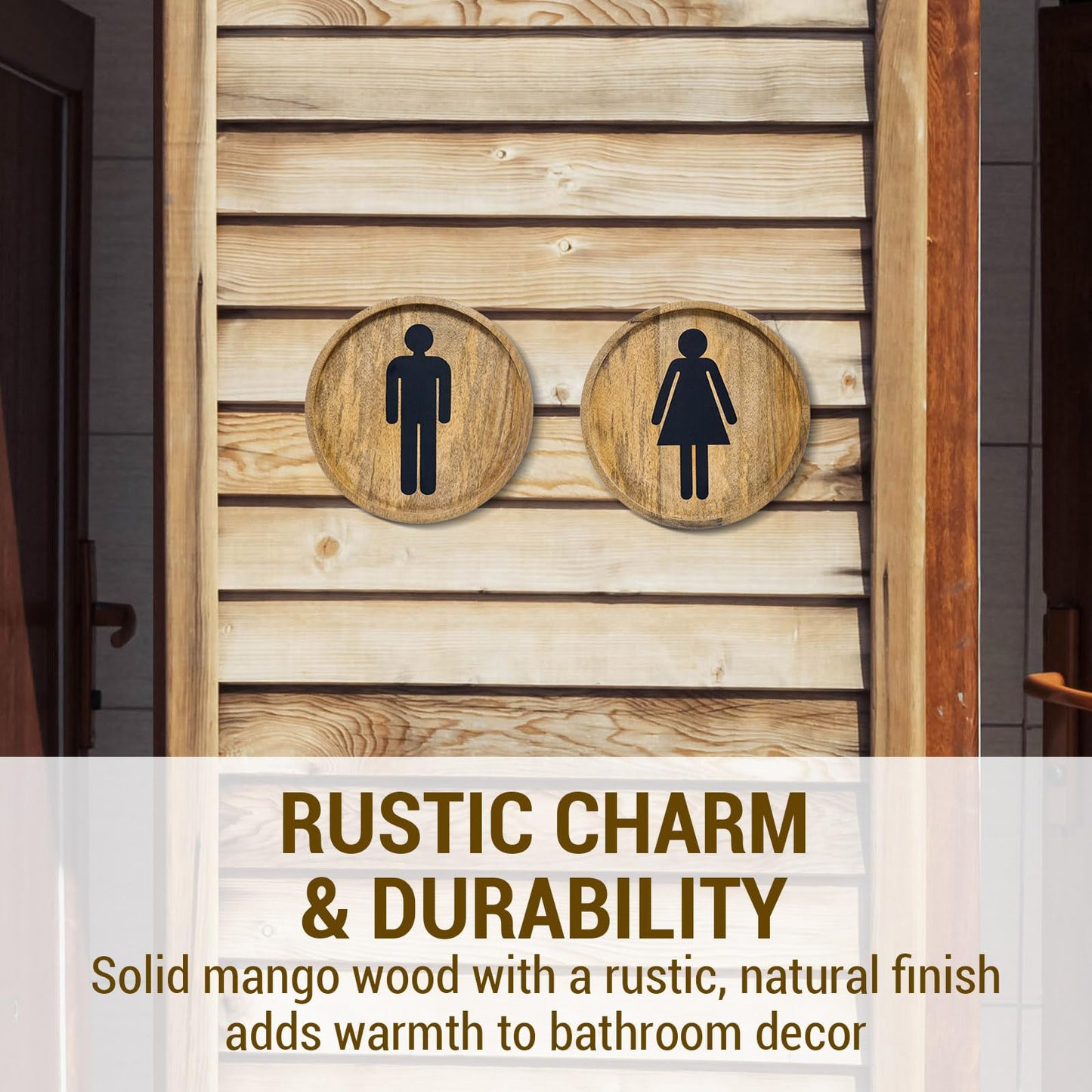 MyGift 10 Inch Round Rustic Solid Mango Wood Wall Hanging Mens and Womens Bathroom Signs with Matte Black Metal Cutout Male Female Gender Symbols, 2 Piece Set - Handcrafted in India