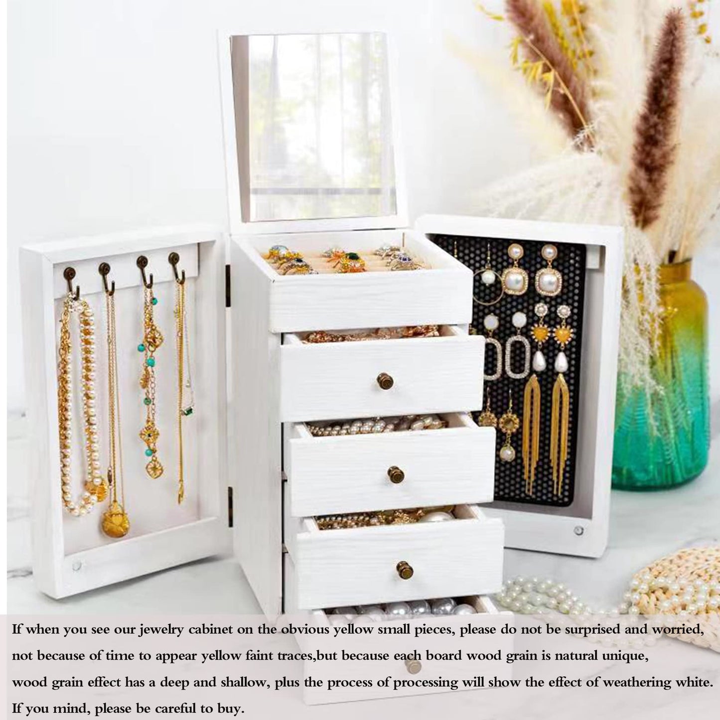 Meangood Jewelry Box Wood for Wowen, 5-Layer Large Organizer Box with Mirror & 4 Drawers for Rings, Earrings, Necklaces, White