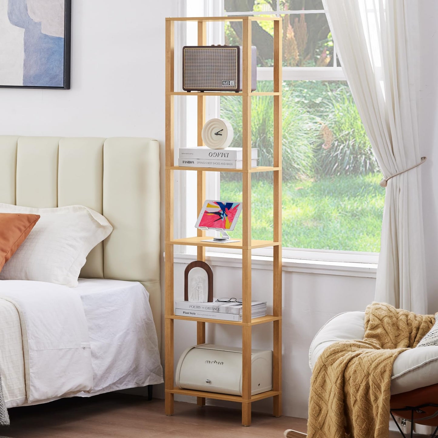 YUFAM 66in Tall Bookshelf 6-Tier Small Narrow Bookcase, Skinny Book Shelf for Small Space, Farmhouse Slim Shelf with Storage, Wood Freestanding Display Thin Bookshelves for Living Room, Natural