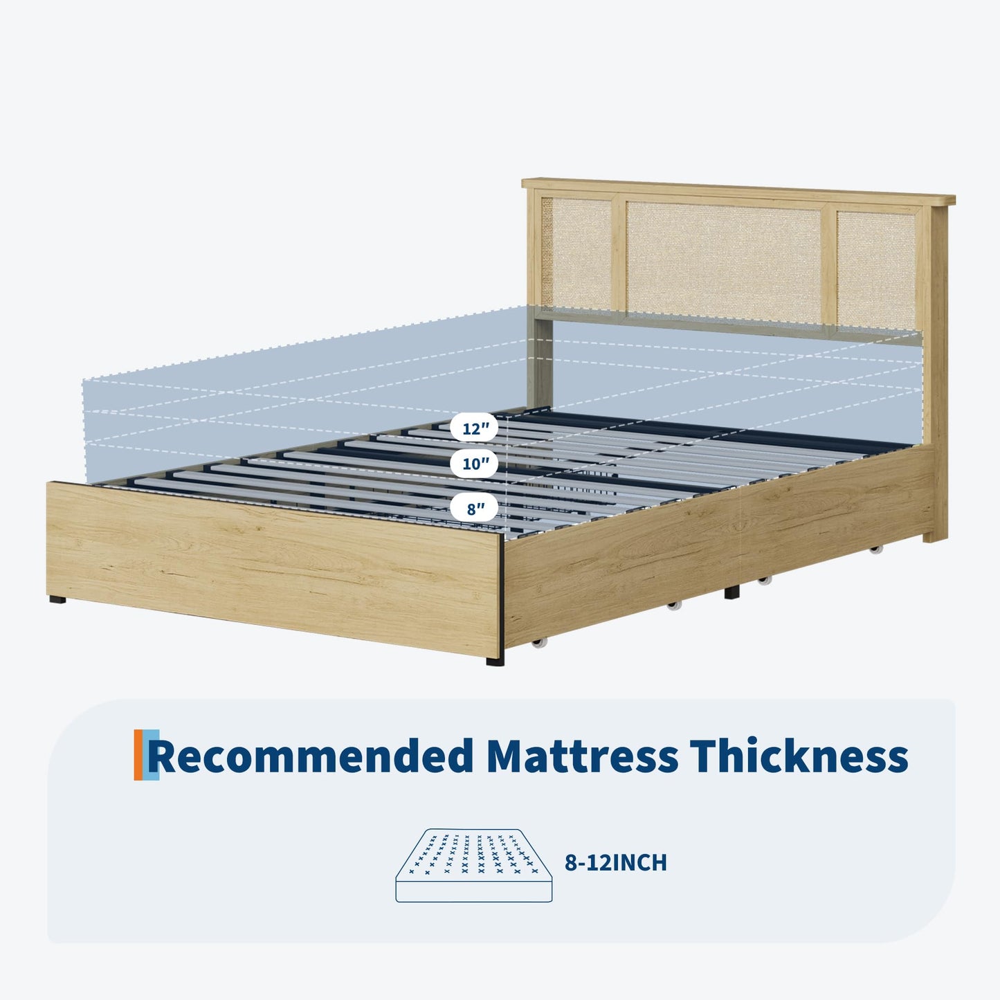 GAOMON Full Size Rattan Bed Frame with Natural Woven Headboard, Strong Wooden Slats and Metal Platform Base, Quiet Design, No Box Spring Required, 4 Storage Drawers