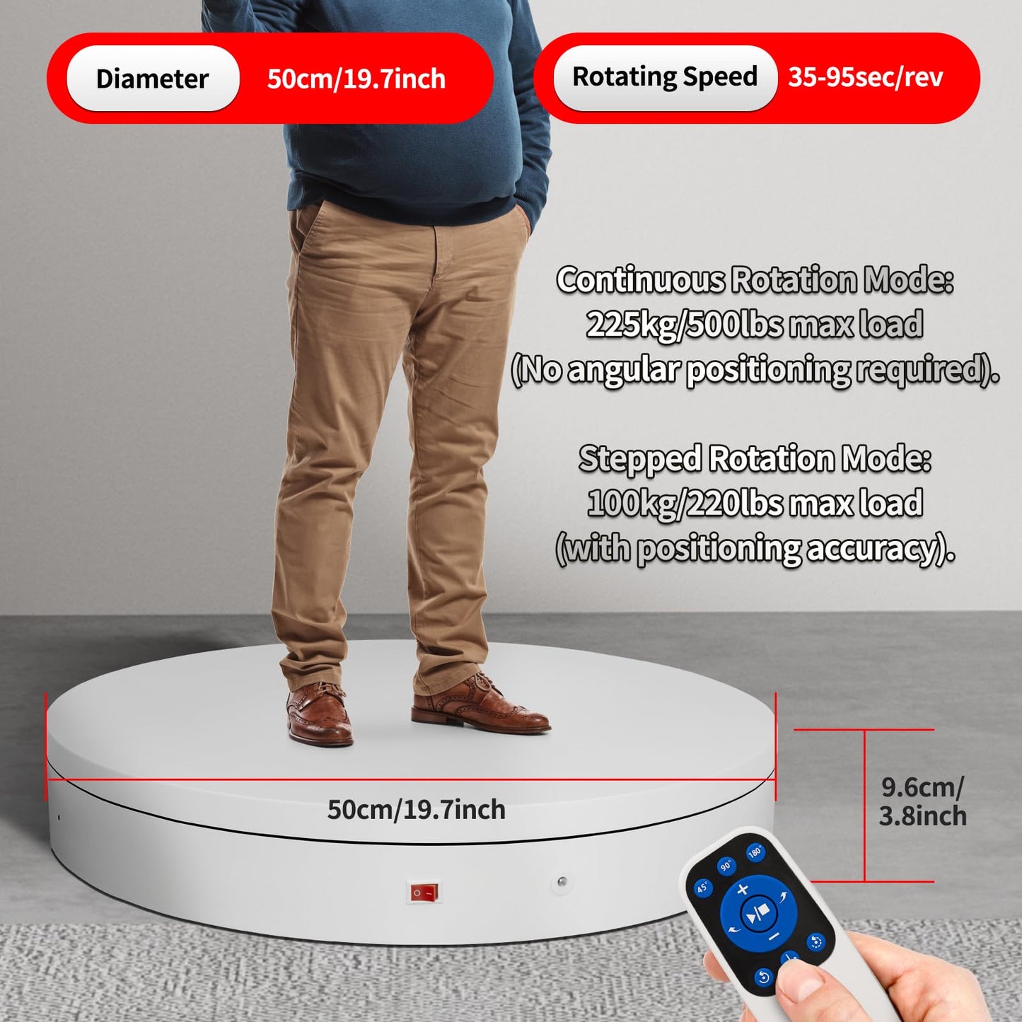19.7In Remote Large Motorized electric turntable Rotating platform Photography Turntable Motorized lazy susan Base giratoria para for Photography,3D Scanner,Heavy duty display(Load Range:220~500lbs)